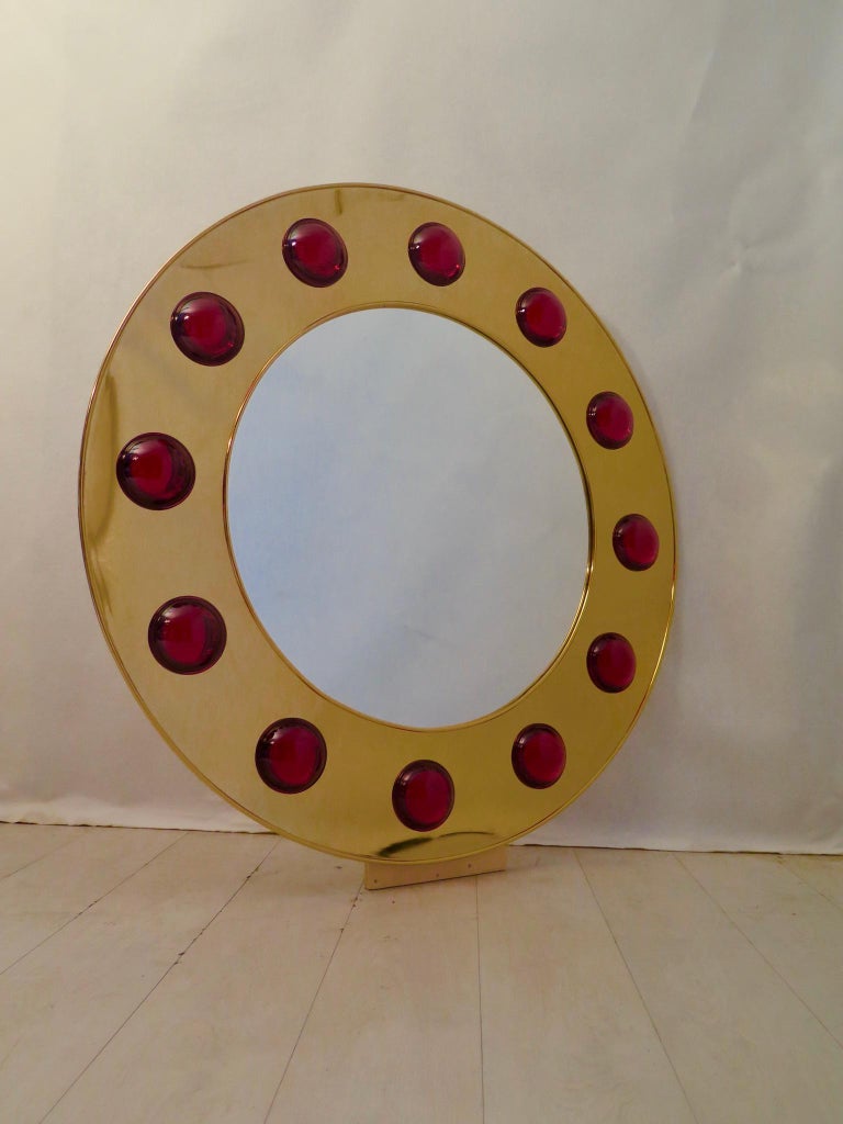 Murano Brass and Red Art Glass Midcentury Wall Mirror, 1980 For Sale at ...