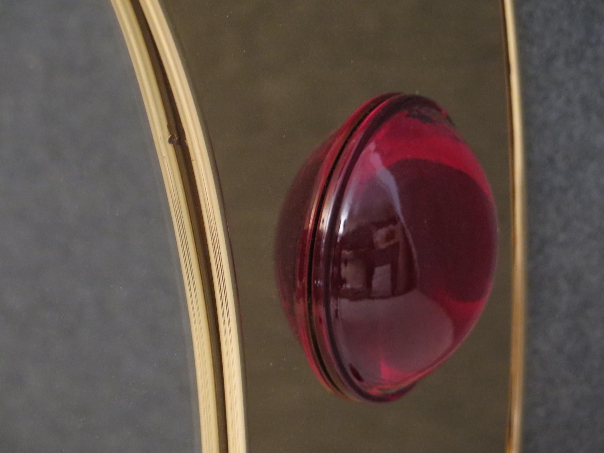 Murano Brass and Red Art Glass Midcentury Wall Mirror, 1980 In Excellent Condition In Rome, IT