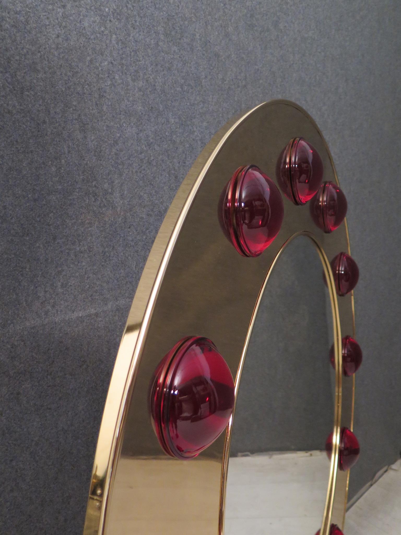 Late 20th Century Murano Brass and Red Art Glass Midcentury Wall Mirror, 1980