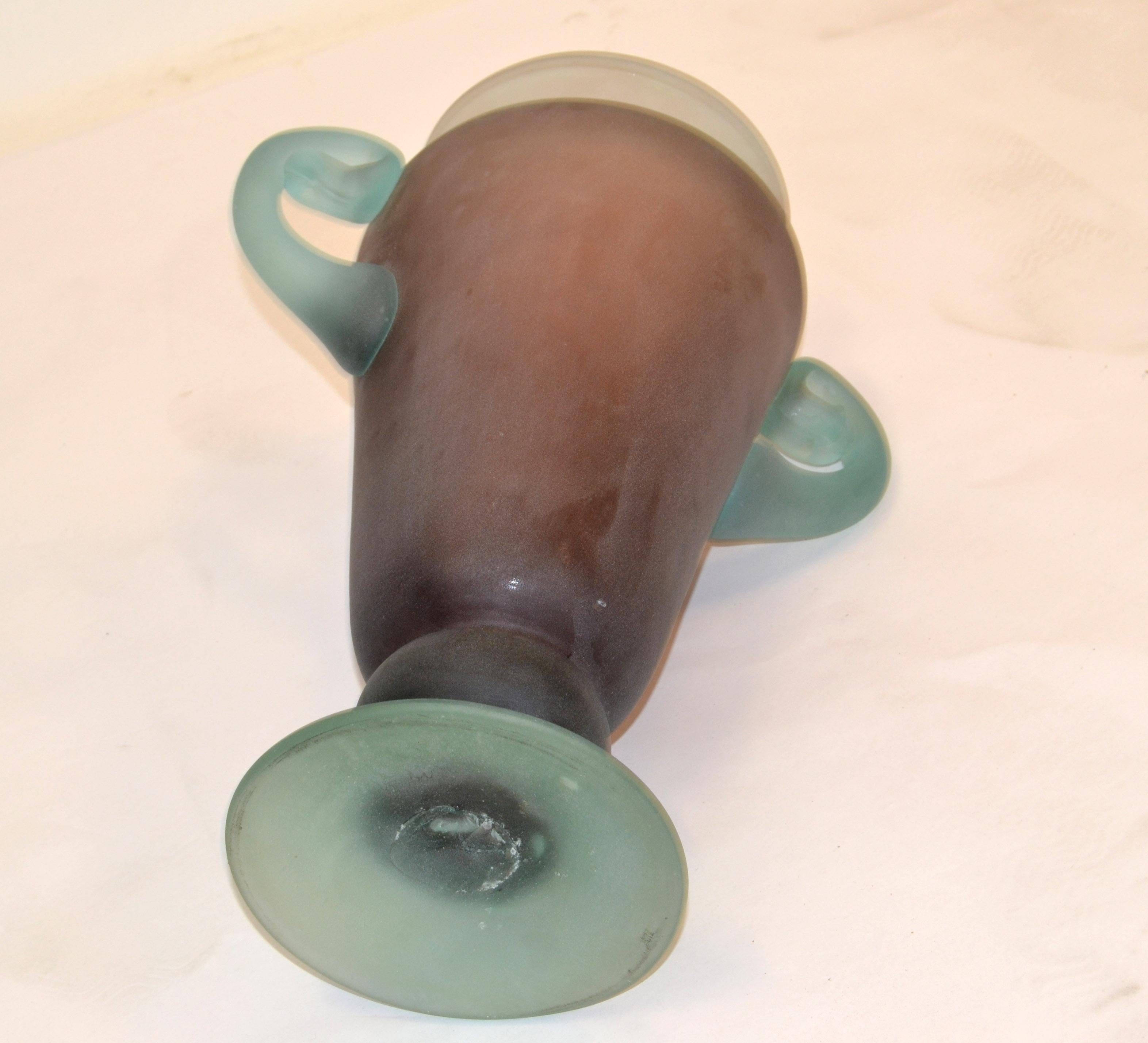1980 Murano Italy Purple & Mint Green Scavo Glass Vase Vessel Baby Blue Handles 1