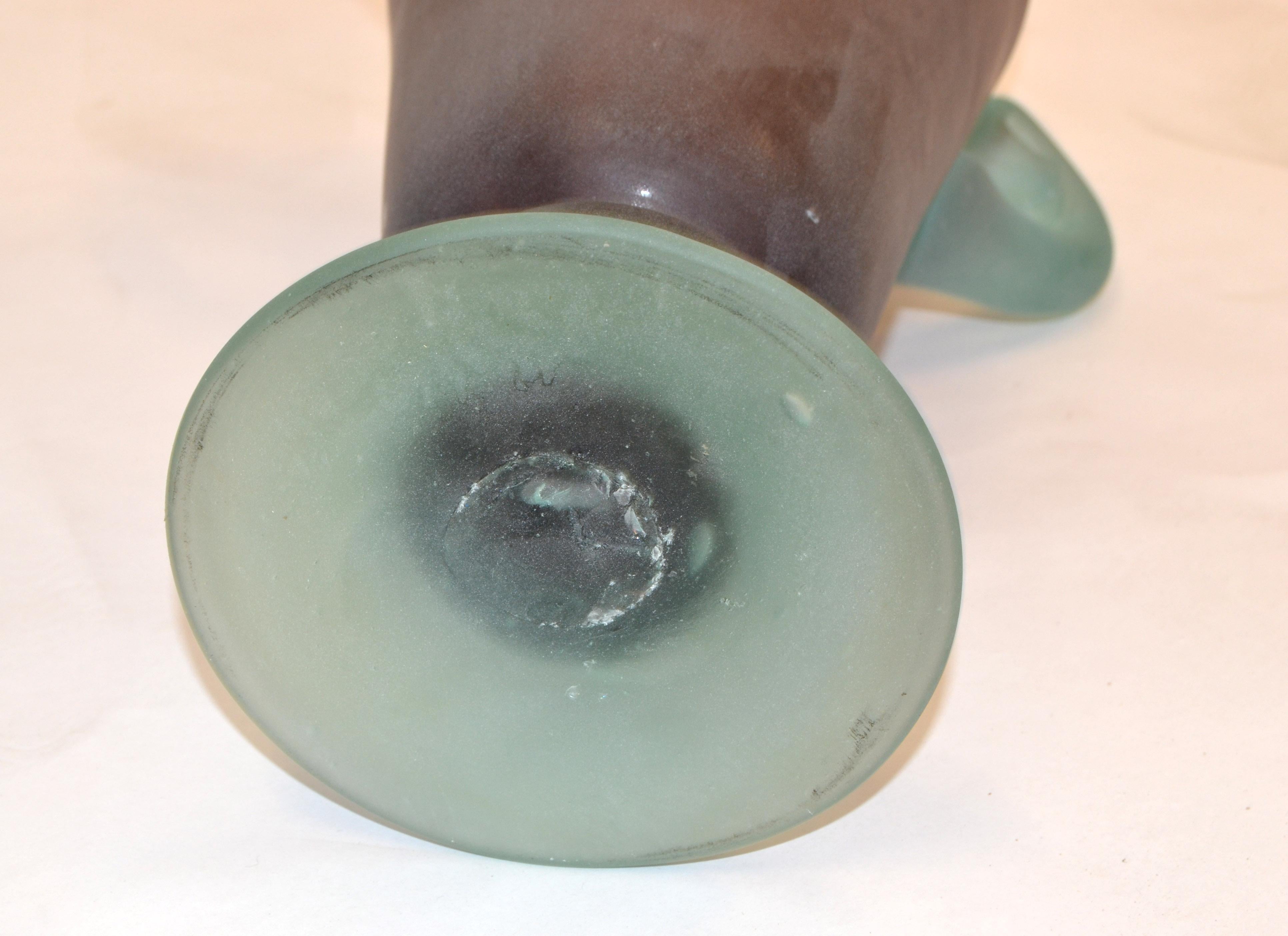 1980 Murano Italy Purple & Mint Green Scavo Glass Vase Vessel Baby Blue Handles 2