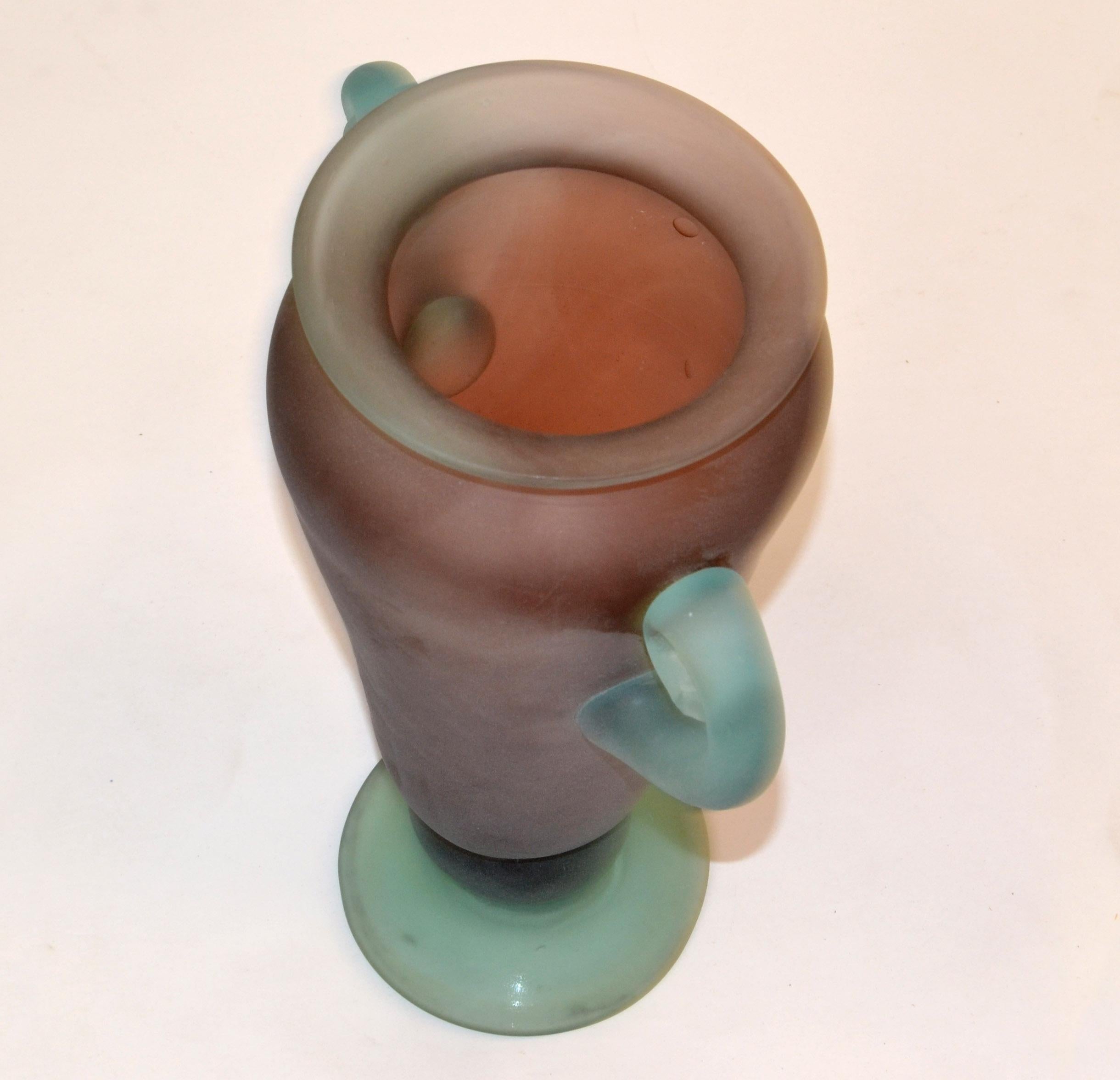 1980 Murano Italy Purple & Mint Green Scavo Glass Vase Vessel Baby Blue Handles 3