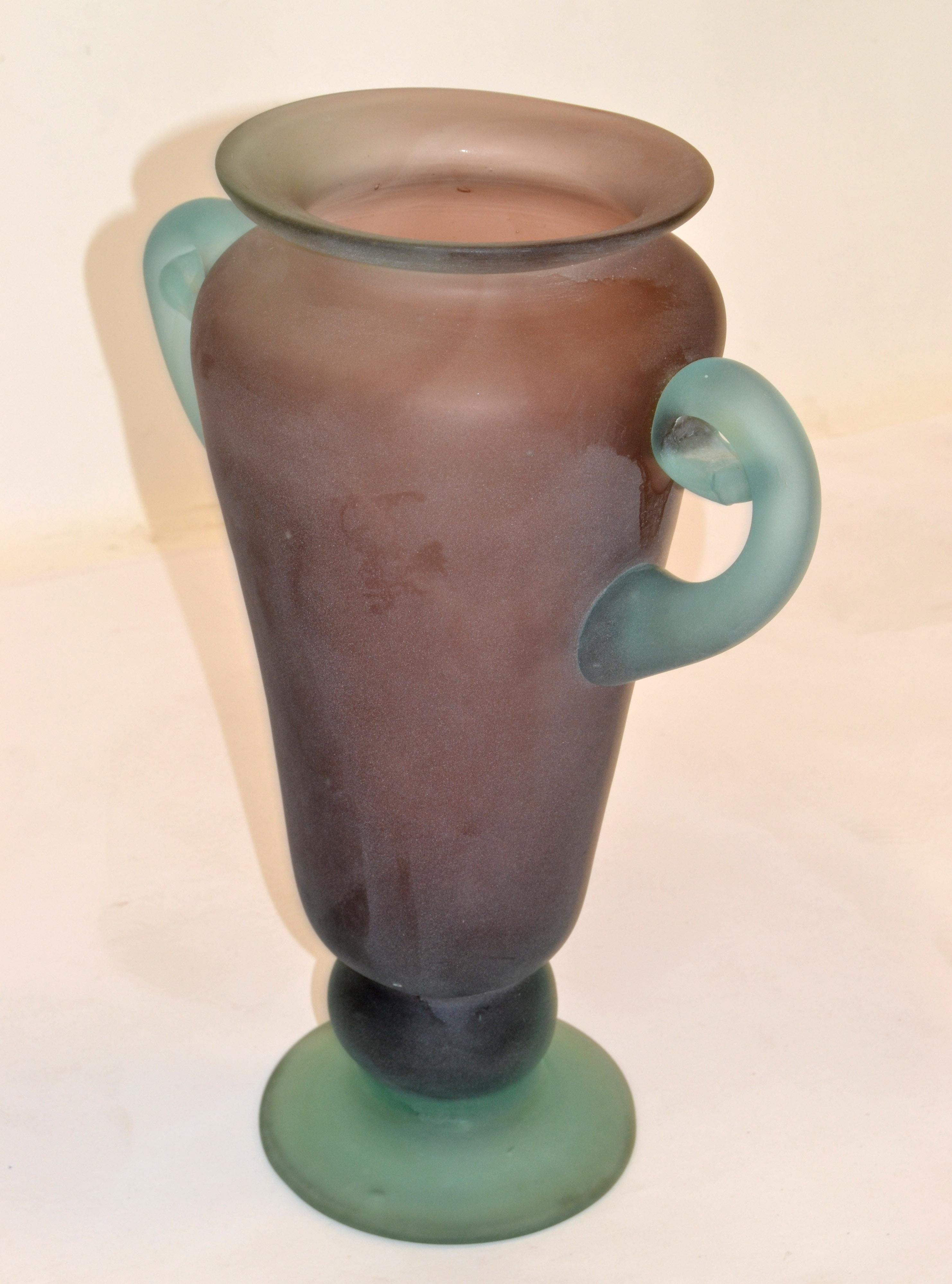 1980 Murano Italy Purple & Mint Green Scavo Glass Vase Vessel Baby Blue Handles 4