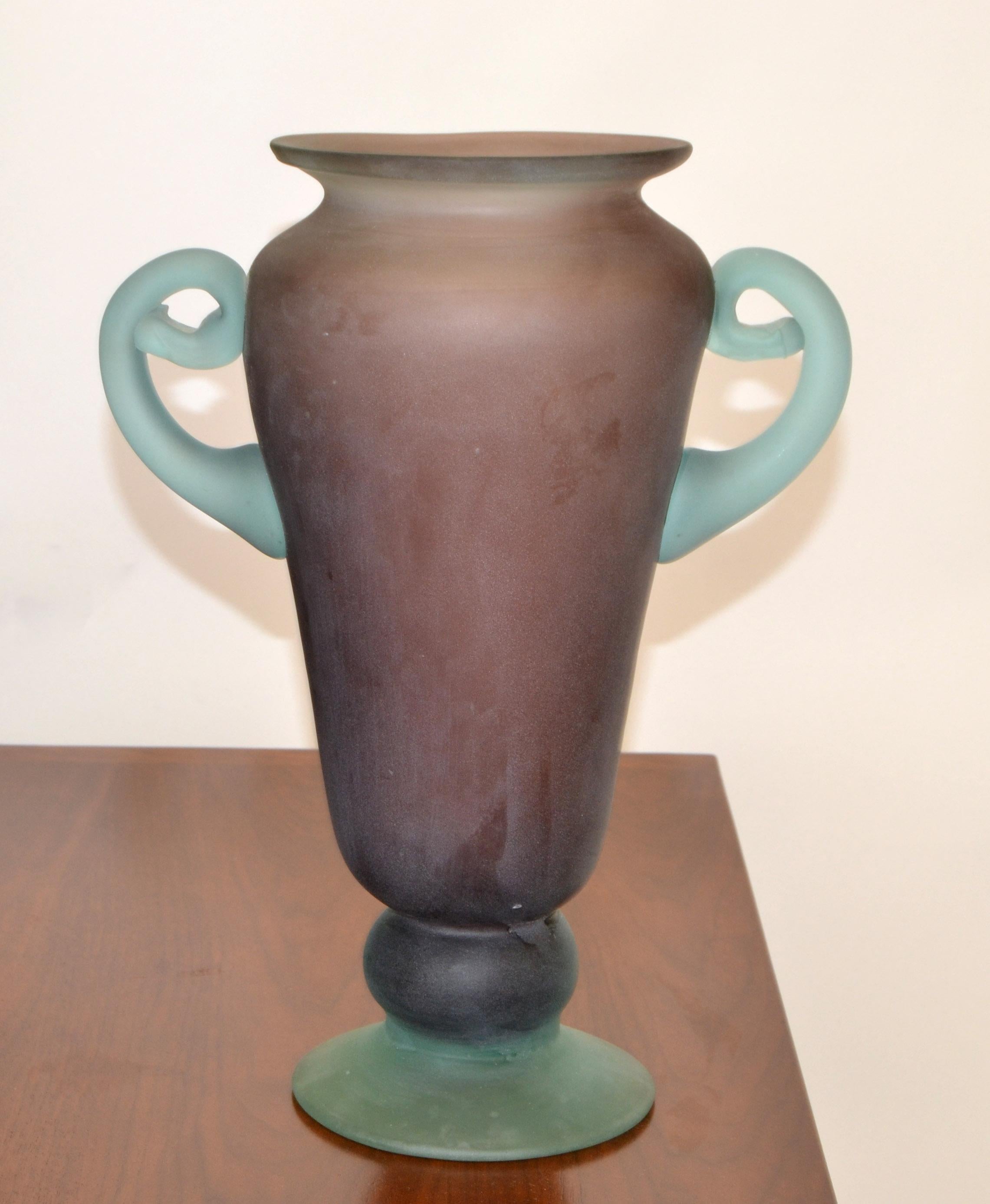 1980 Murano Italy Purple & Mint Green Scavo Glass Vase Vessel Baby Blue Handles 6