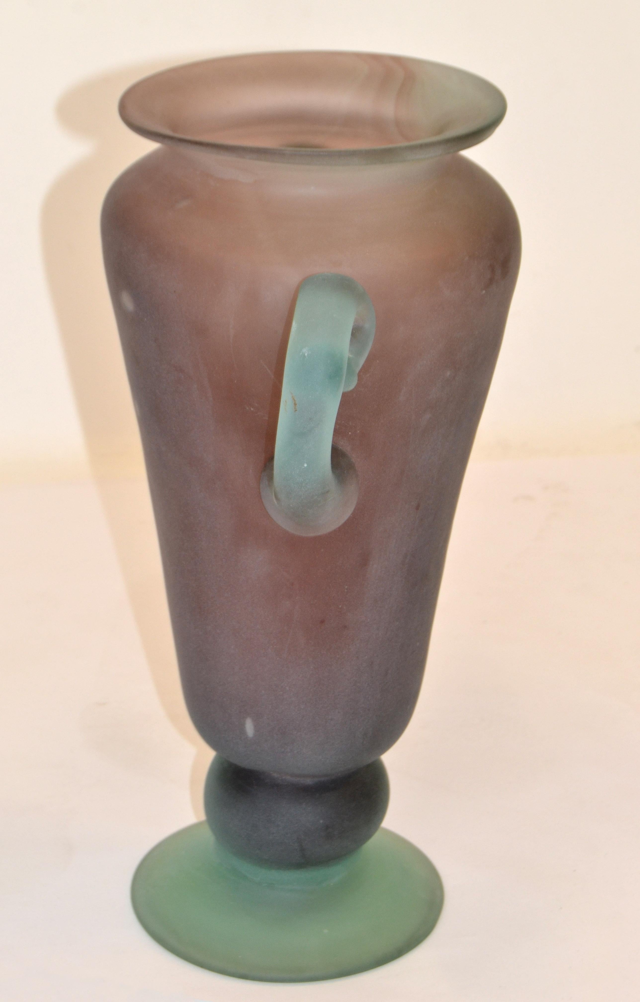Italian 1980 Murano Italy Purple & Mint Green Scavo Glass Vase Vessel Baby Blue Handles