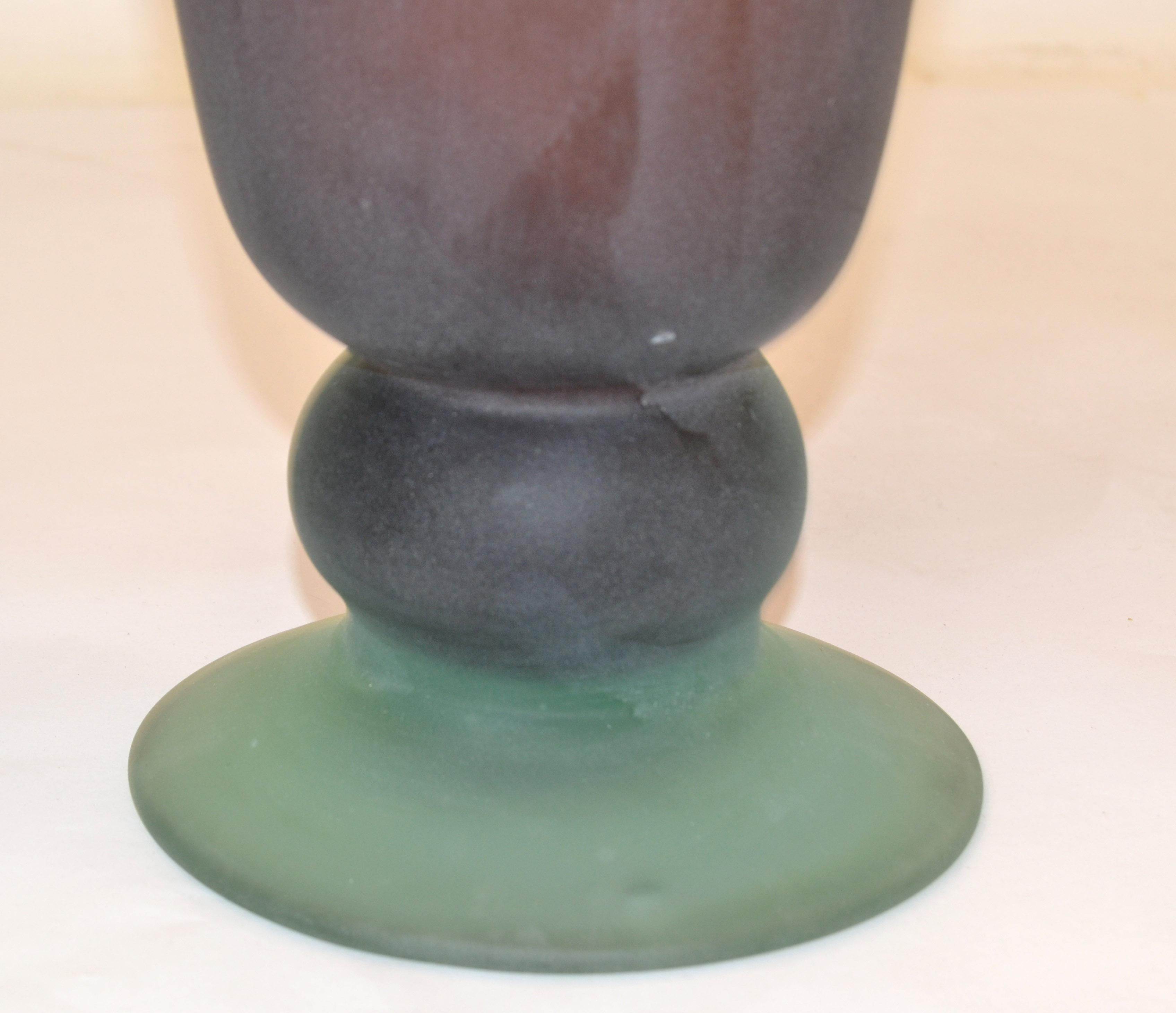 1980 Murano Italy Purple & Mint Green Scavo Glass Vase Vessel Baby Blue Handles In Good Condition In Miami, FL
