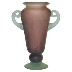 1980 Murano Italy Purple & Mint Green Scavo Glass Vase Vessel Baby Blue Handles