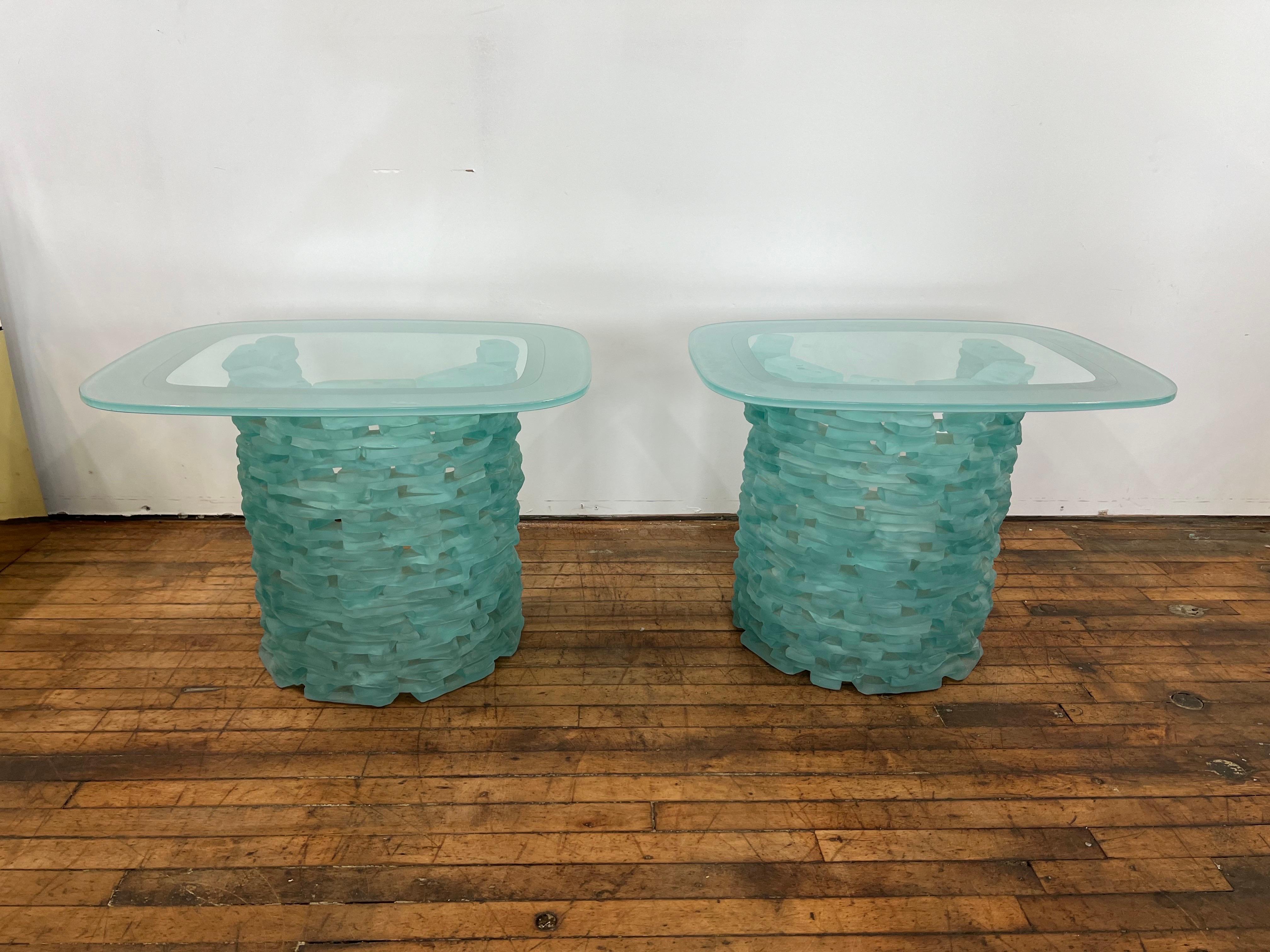 1980 Murano Stacked Glass Ice Block End Tables - a Pair. They will look great placing next to a sectional or any seatings.