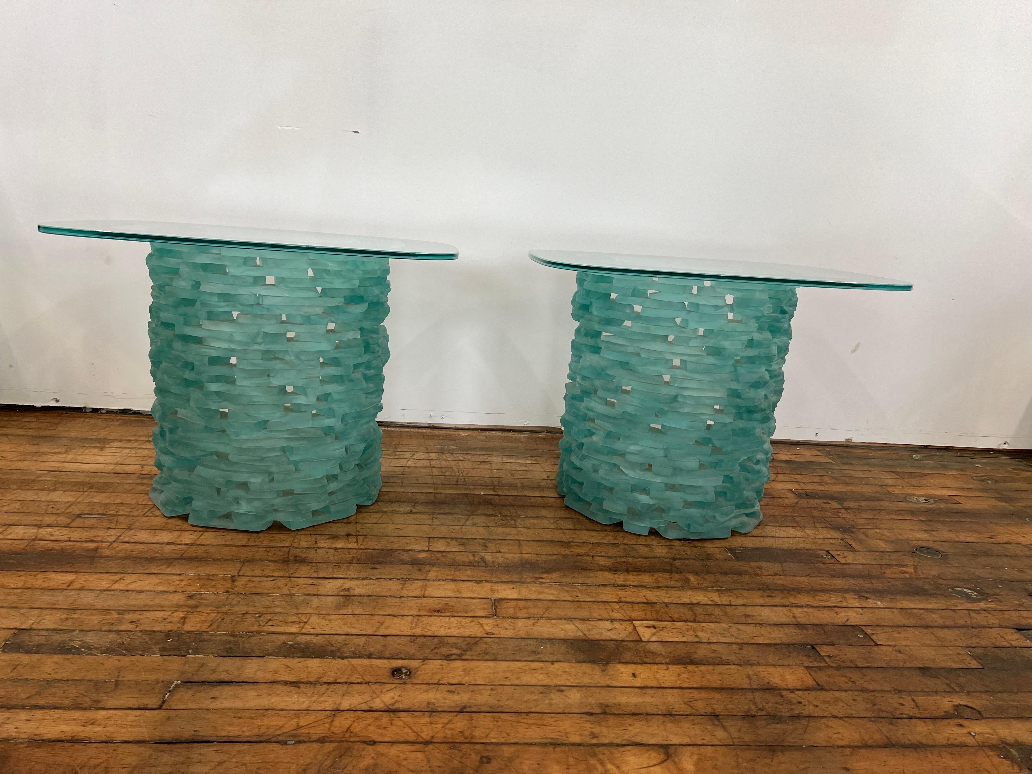 1980 Murano Stacked Glass Ice Block End Tables - a Pair In Good Condition For Sale In Staten Island, NY