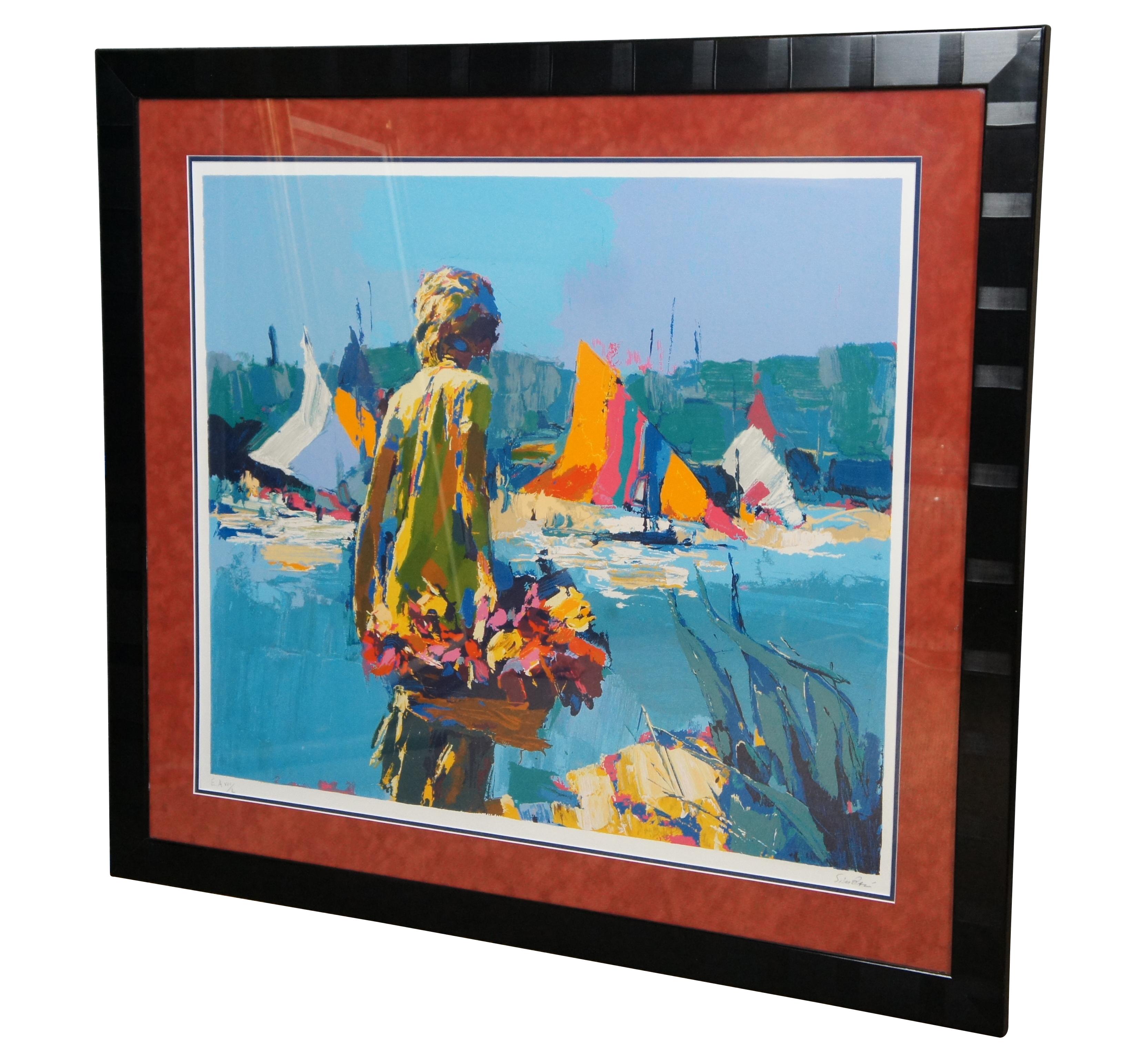 Vintage framed serigraph on paper showing a figure carrying a basket of flowers in front of a nautical / maritime water scene with brightly colored sail boats by Nicola Simbari. Titled “Summertime,” pencil signed and numbered EA VIII/L. Circa