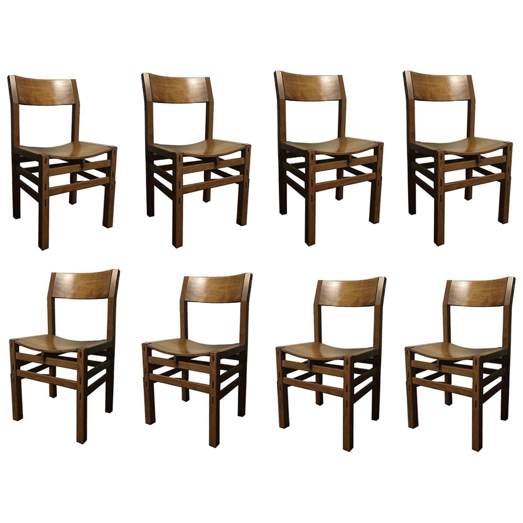 Italy 1980 Post Modern Officina Rivadossi Set Eight Oakwood Dining Chairs