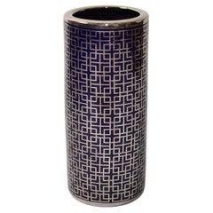 1980 Op Art Blue Silver Gray Print Porcelain Umbrella Stand Mid-Century Modern