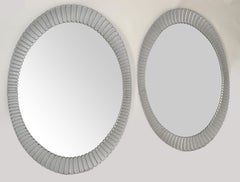 1980 Pair Decorative Oval Fluted Silver Sunburst Wall Mirrors Mid-Century Modern