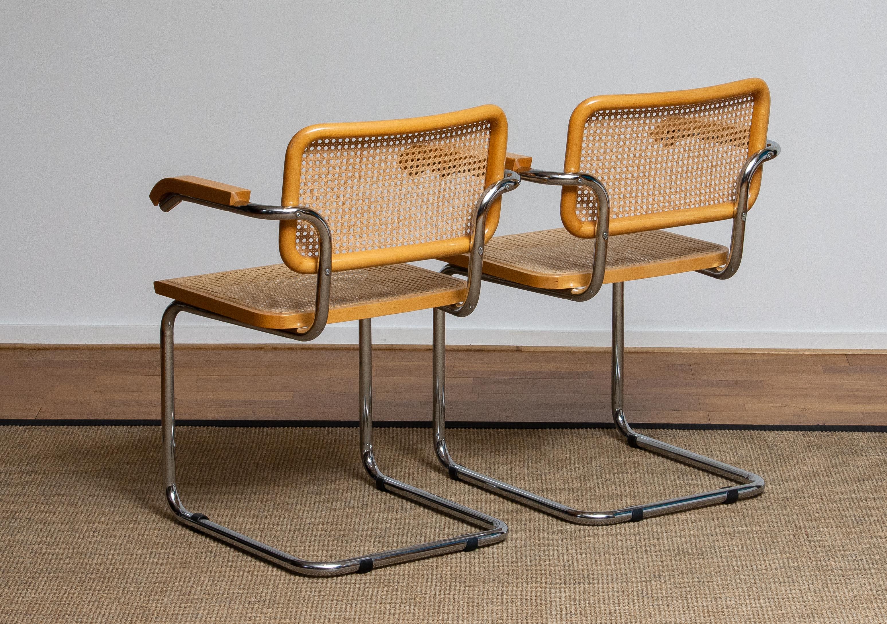 1980, Pair of Marcel Breuer Cane / Chrome and Gold Beech Cesca s64 Chairs, Italy 2