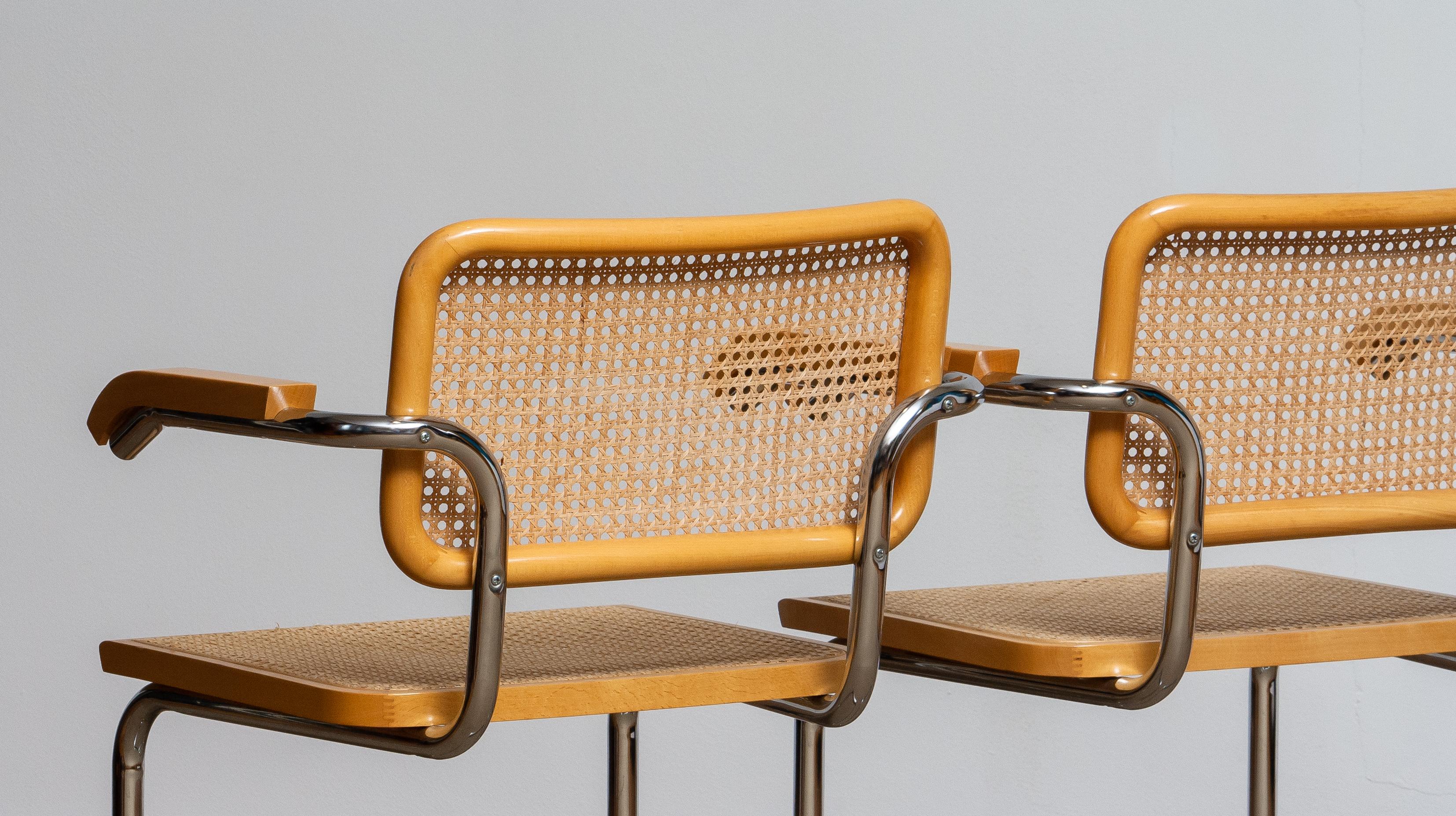1980, Pair of Marcel Breuer Cane / Chrome and Gold Beech Cesca s64 Chairs, Italy 3
