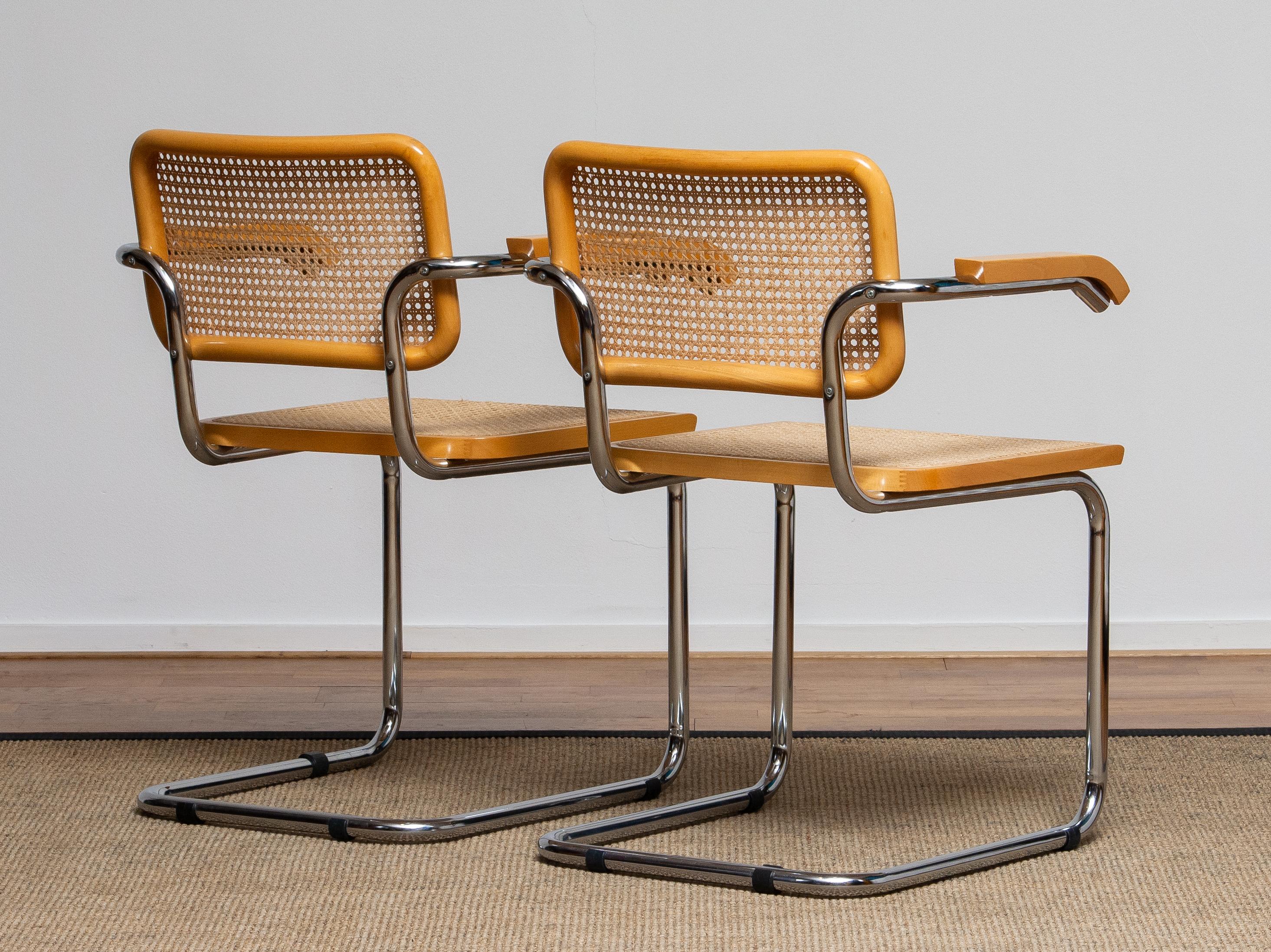 1980, Pair of Marcel Breuer Cane / Chrome and Gold Beech Cesca s64 Chairs, Italy 4