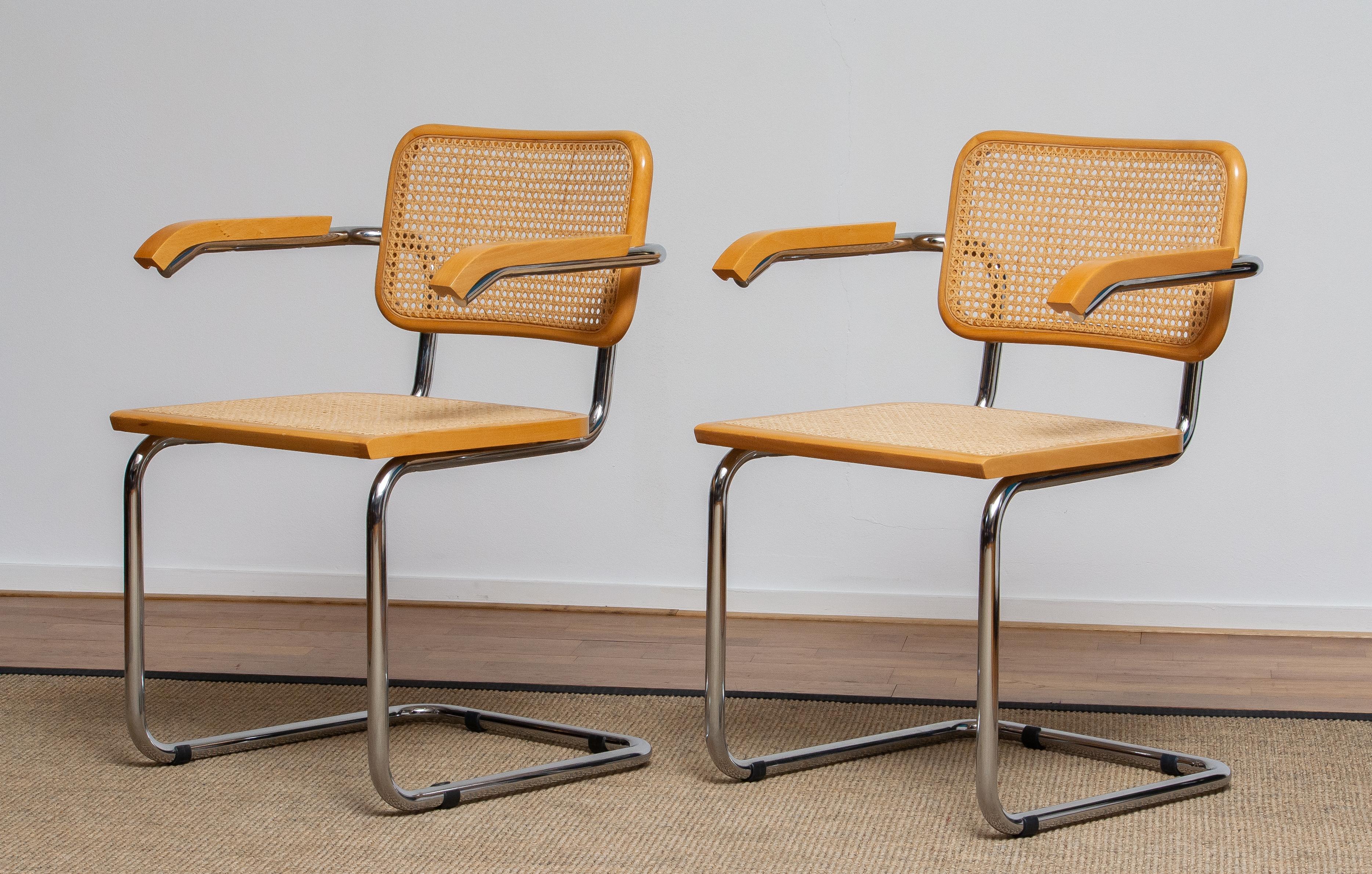 Mid-Century Modern 1980, Pair of Marcel Breuer Cane / Chrome and Gold Beech Cesca s64 Chairs, Italy