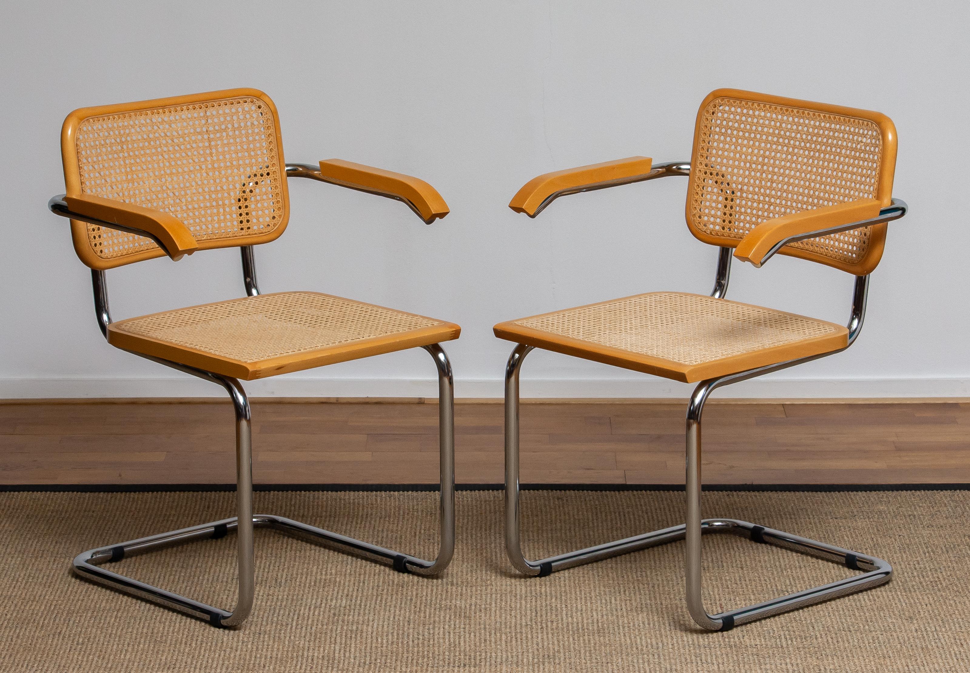 Italian 1980, Pair of Marcel Breuer Cane / Chrome and Gold Beech Cesca s64 Chairs, Italy