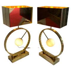 1980′ Pareja de lámparas de latón y opalina H 88 cm Ø 48 cm