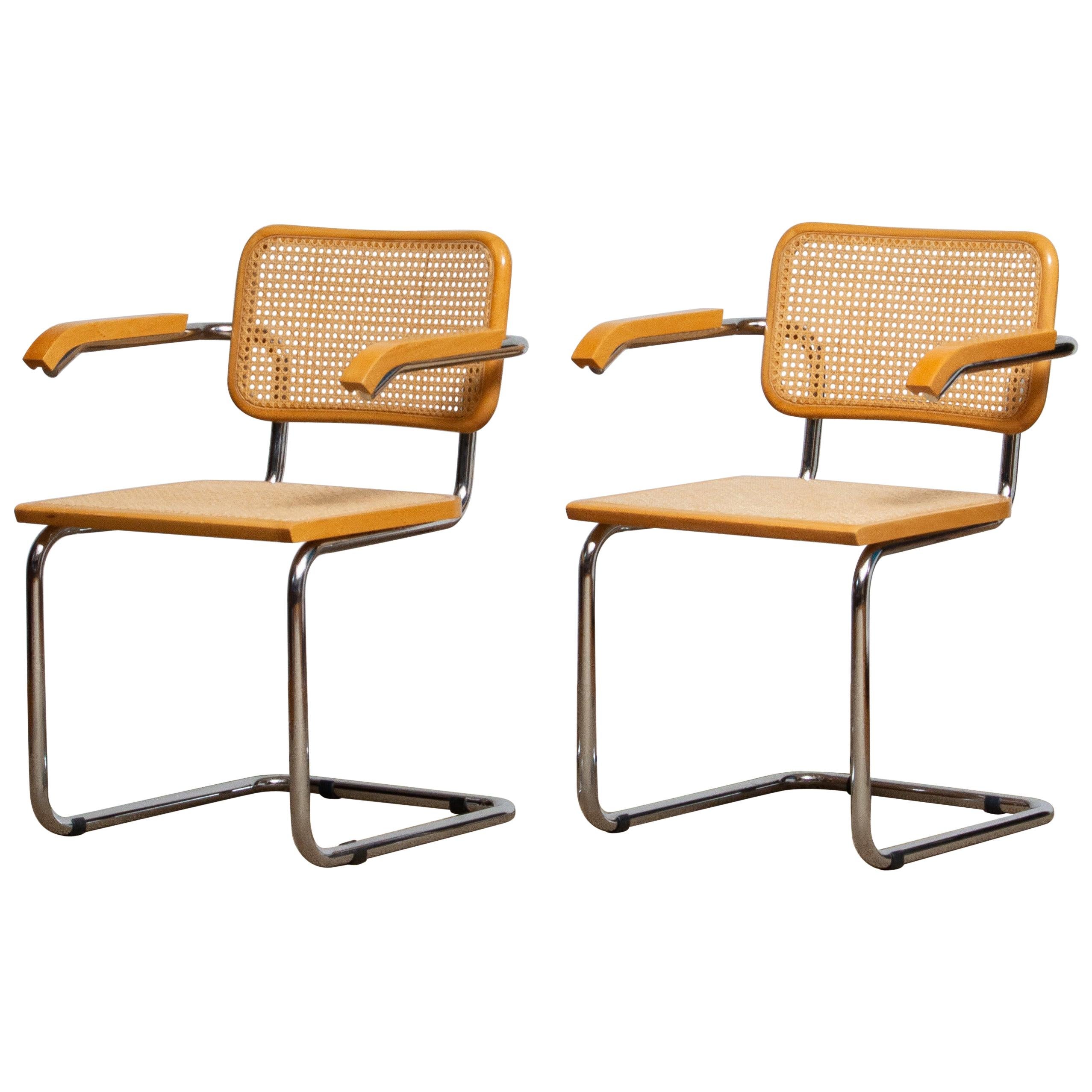 1980, Pair of Marcel Breuer Cane / Chrome and Gold Beech Cesca s64 Chairs, Italy