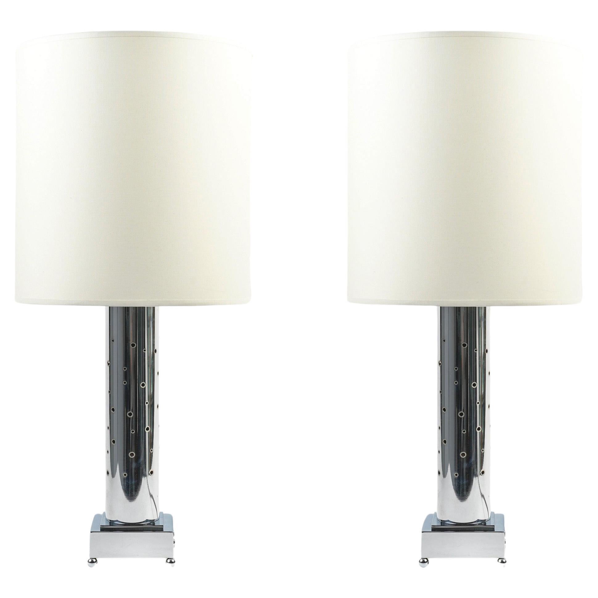 1970 Pair of silver-plated metal lamps signed MURGEX Paris France For Sale