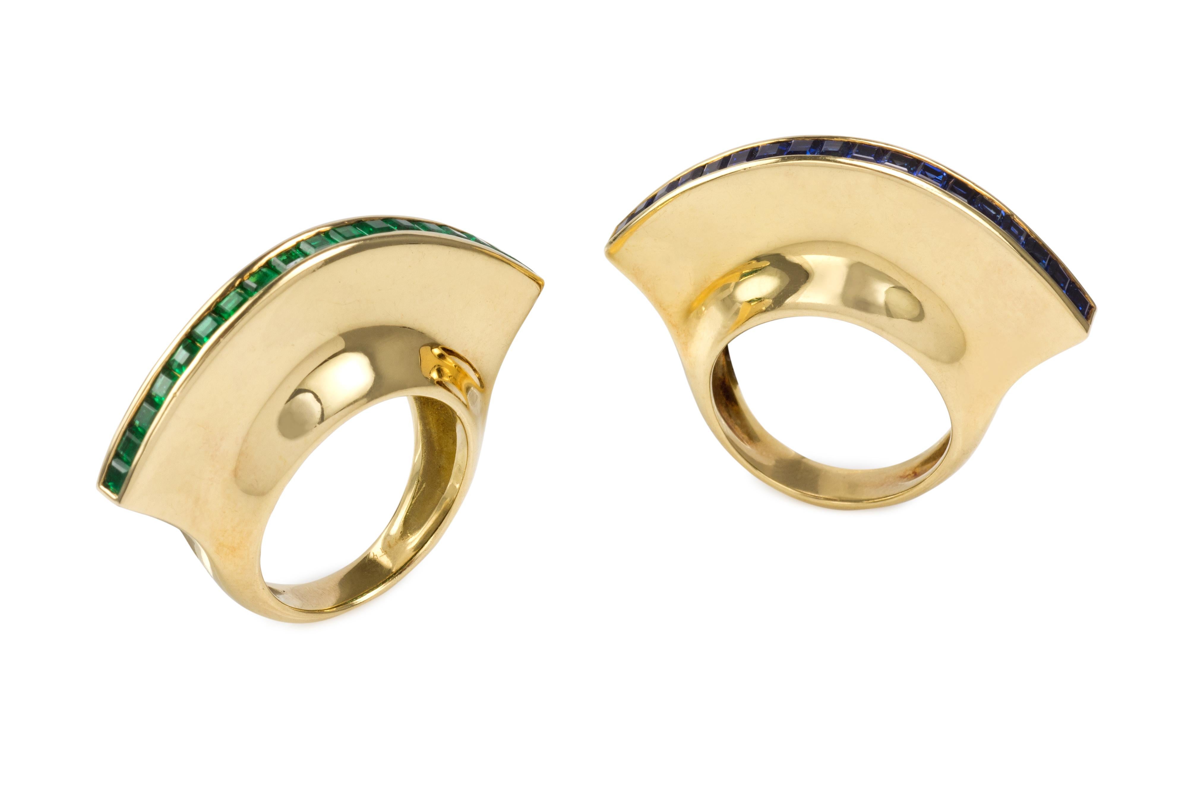 A pair of emerald, sapphire, and 18 karat gold rings, by Paloma Picasso for Tiffany & Co., 1980
The rings are a size 06¼ and are signed Paloma Picasso and Tiffany & Co. and are stamped 18k. They each measure .4