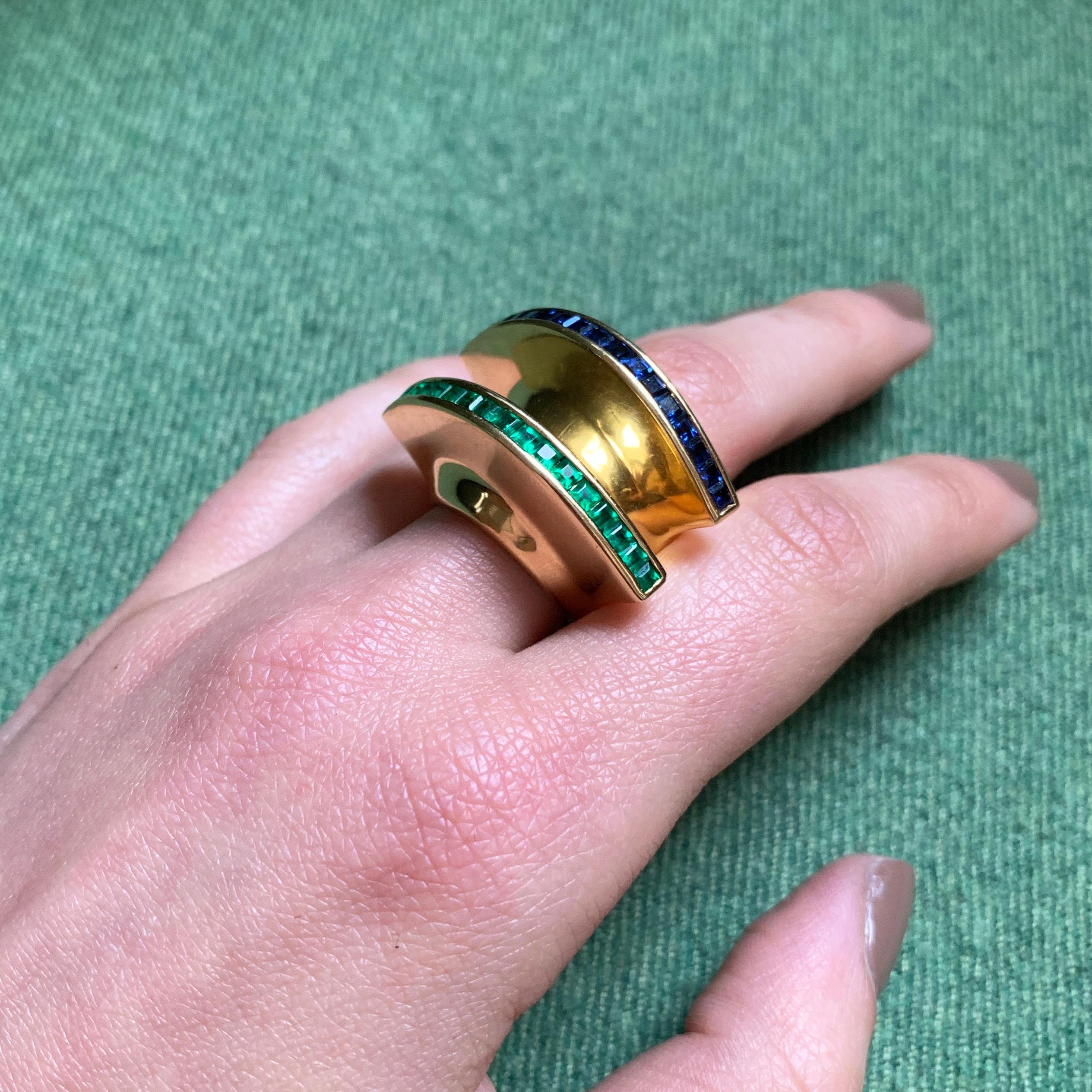 Women's or Men's 1980 Paloma Picasso for Tiffany & Co. Sapphire, Emerald and Gold Rings