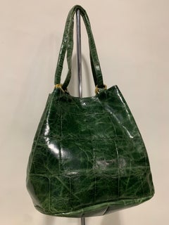 1980 Paola Del Lungo Moss Green Embossed Crocodile Large Tote Bag W/ Gold Rings