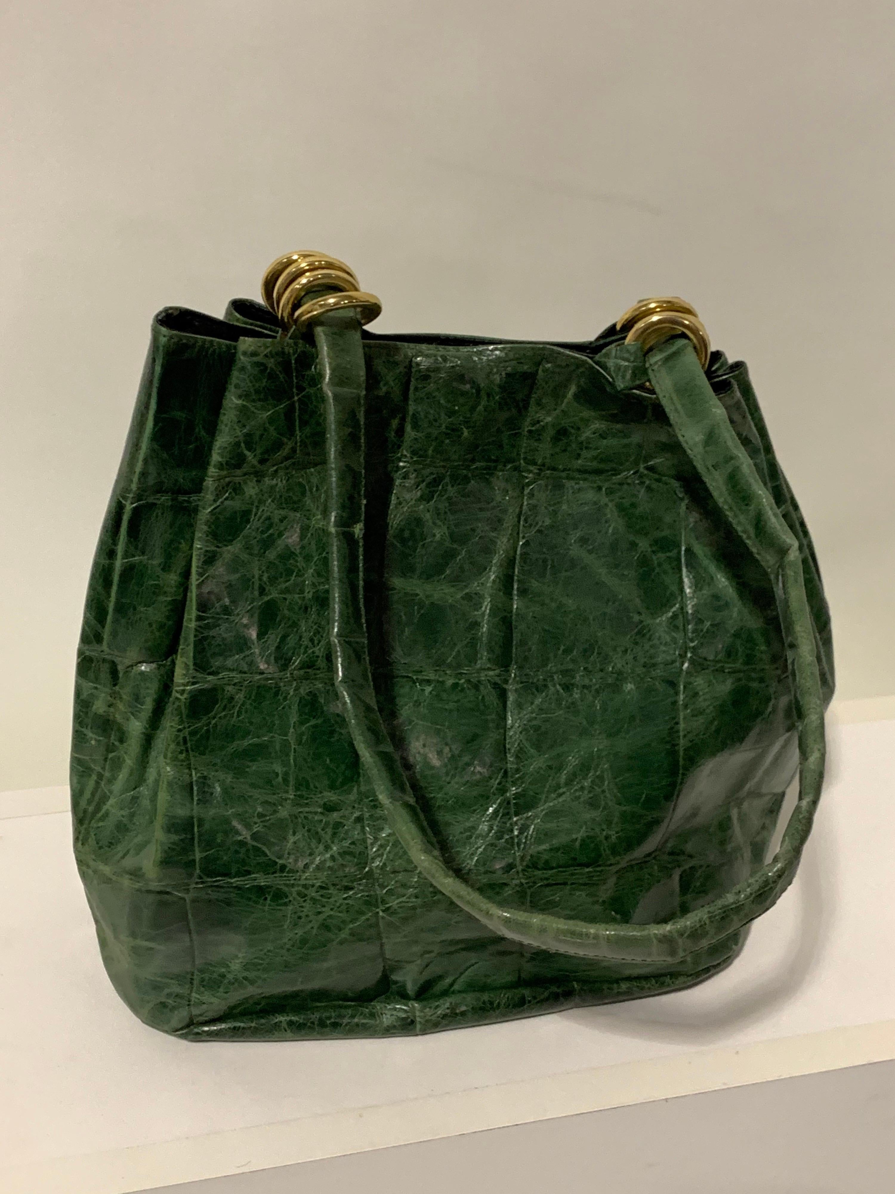 Women's or Men's 1980 Paola Del Lungo Moss Green Embossed Crocodile Large Tote Bag W/ Gold Rings 