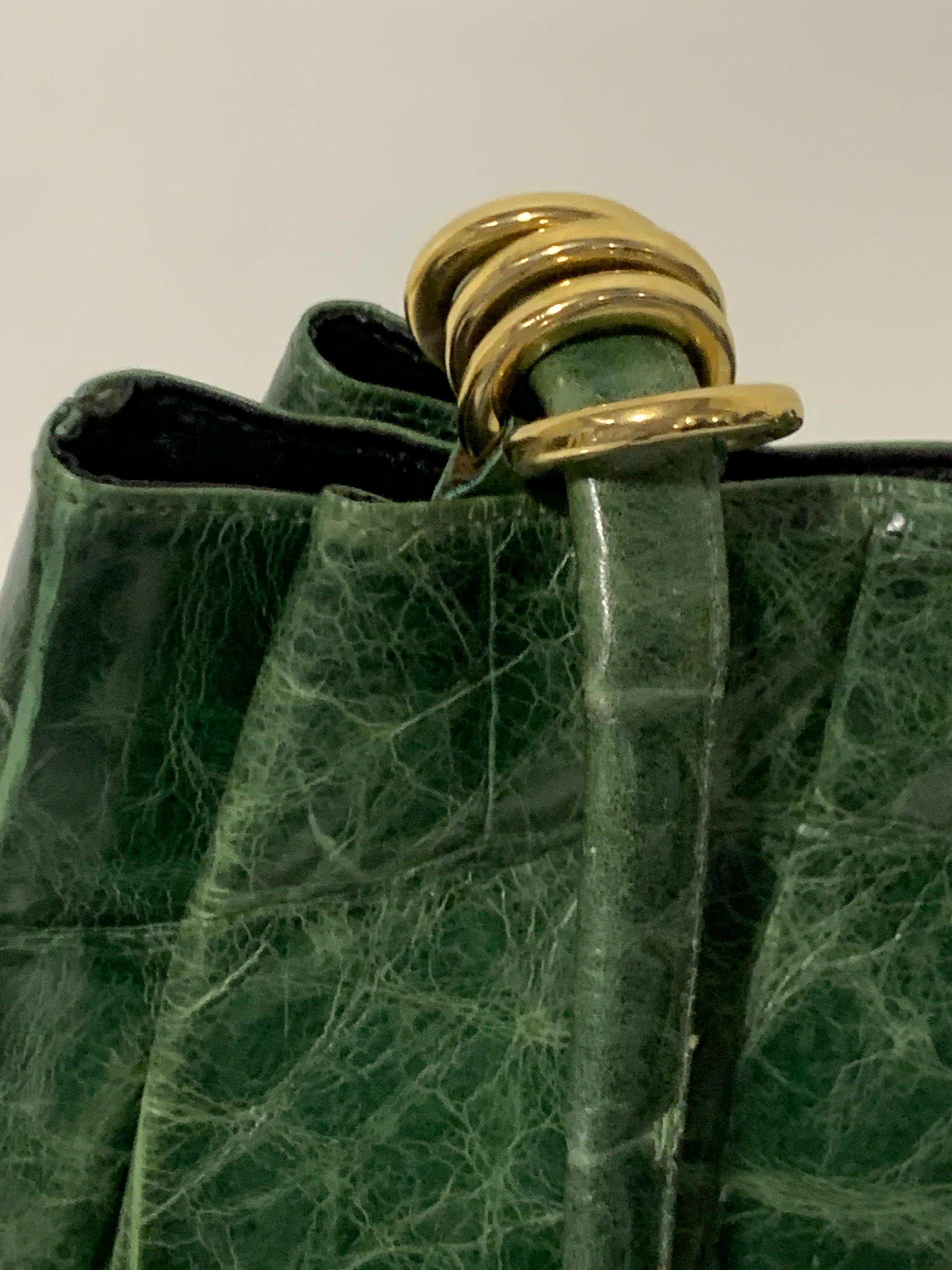 1980 Paola Del Lungo Moss Green Embossed Crocodile Large Tote Bag W/ Gold Rings  1