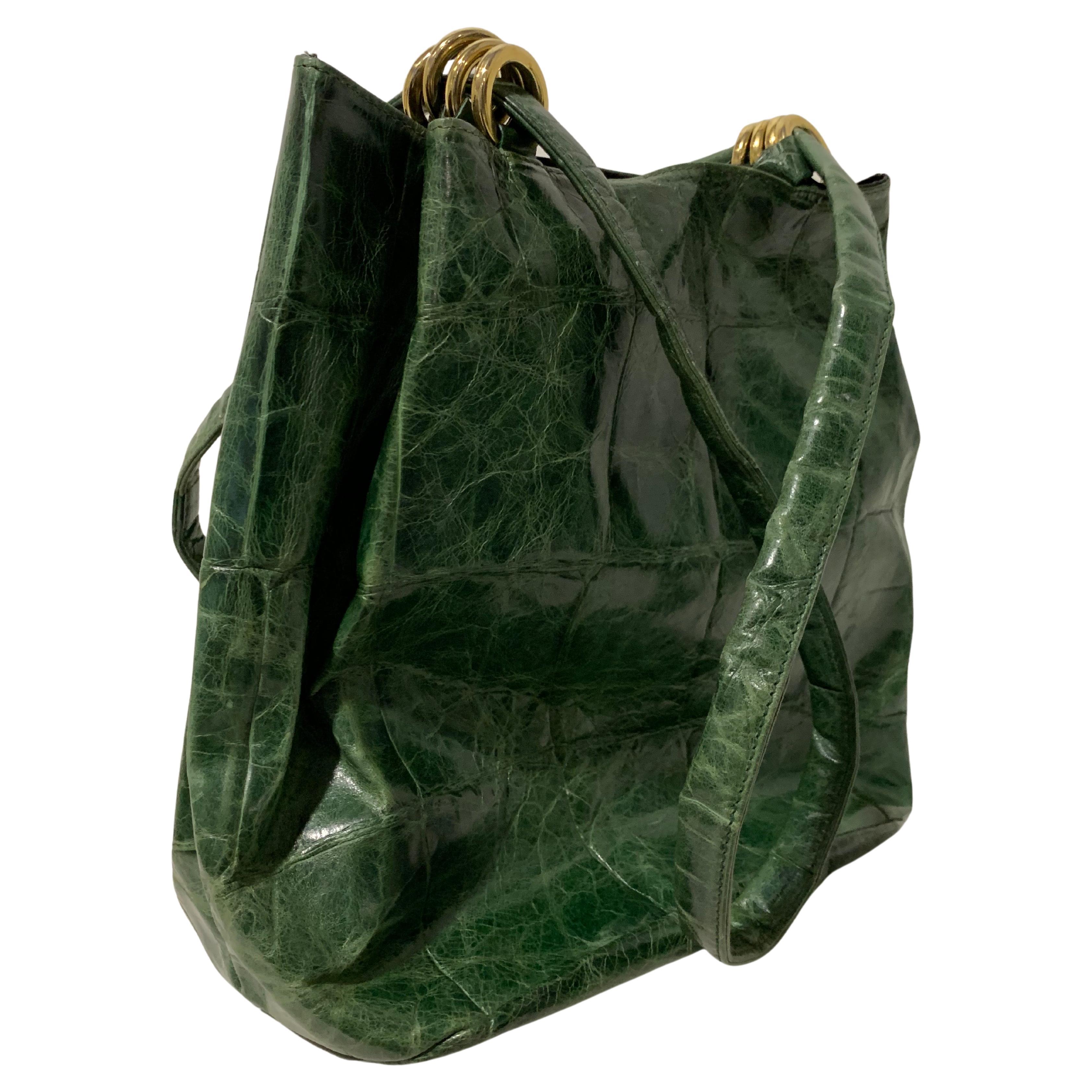 1980 Paola Del Lungo Moss Green Embossed Crocodile Large Tote Bag W/ Gold Rings 