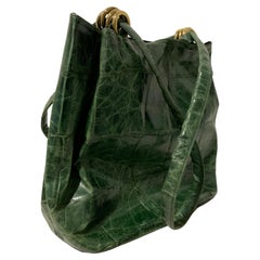 1980 Paola Del Lungo Moss Green Embossed Crocodile Large Tote Bag W/ Gold Rings