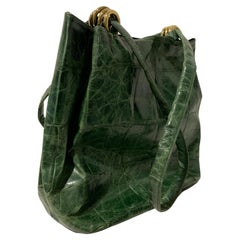 Vintage 1980 Paola Del Lungo Moss Green Embossed Crocodile Large Tote Bag W/ Gold Rings 