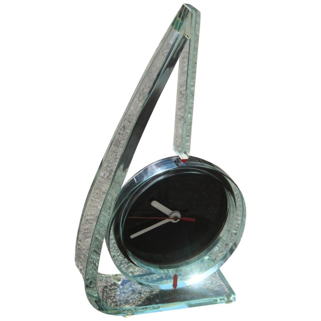 1980 Particular Italian Clock Thick Glass Remember Ettore Sottsass Red Color For Sale