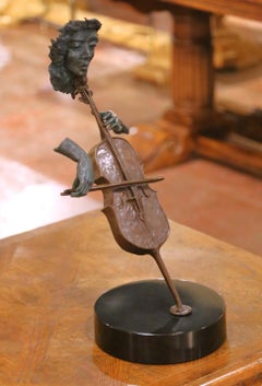 1980 Paul Fairley Bronze Abstract Cellist Sculpture on Marble Base