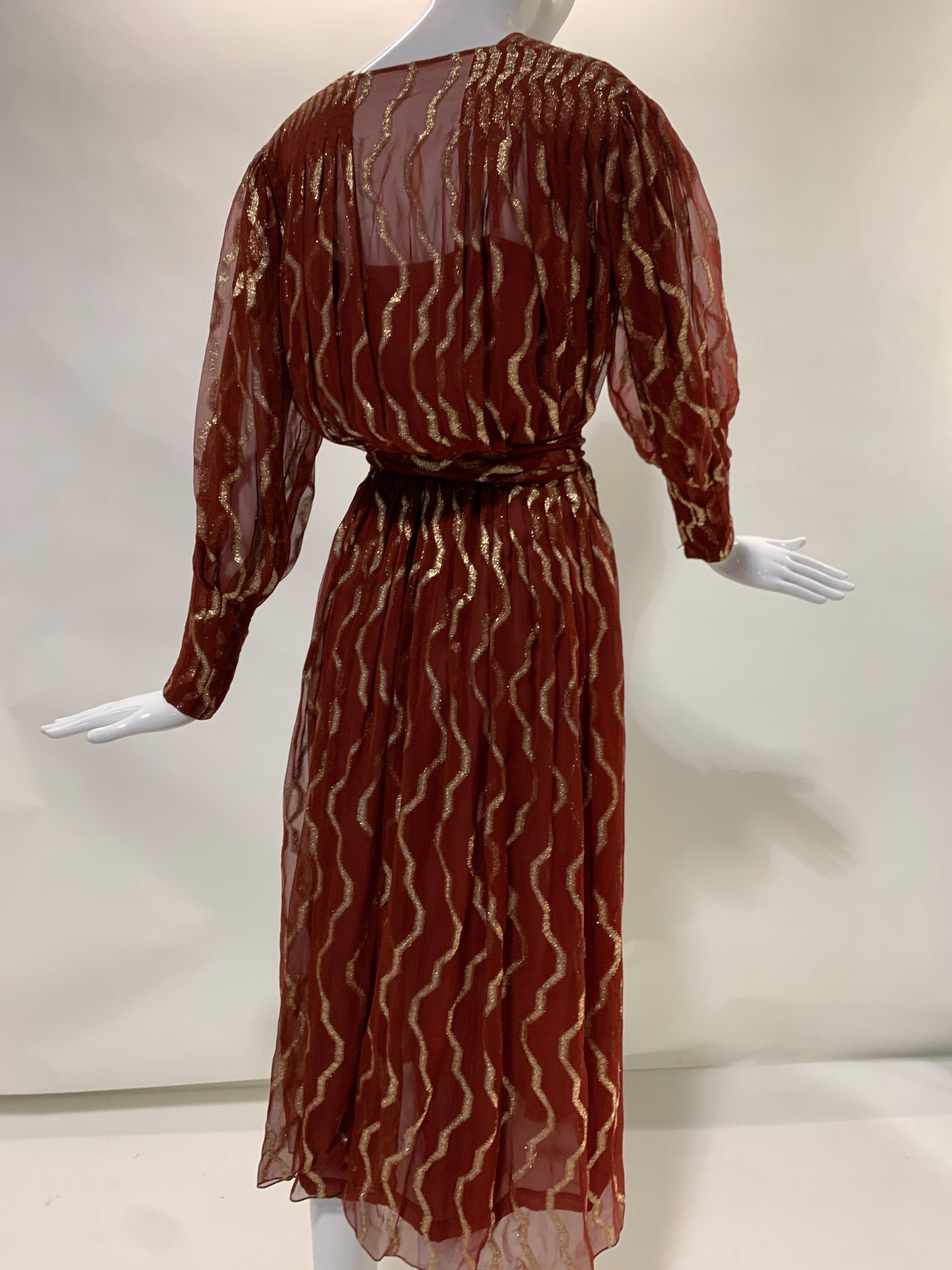 1980 Pauline Trigere Carnelian Silk Chiffon Lame Pleated Dress w/ Matching Sash For Sale 5