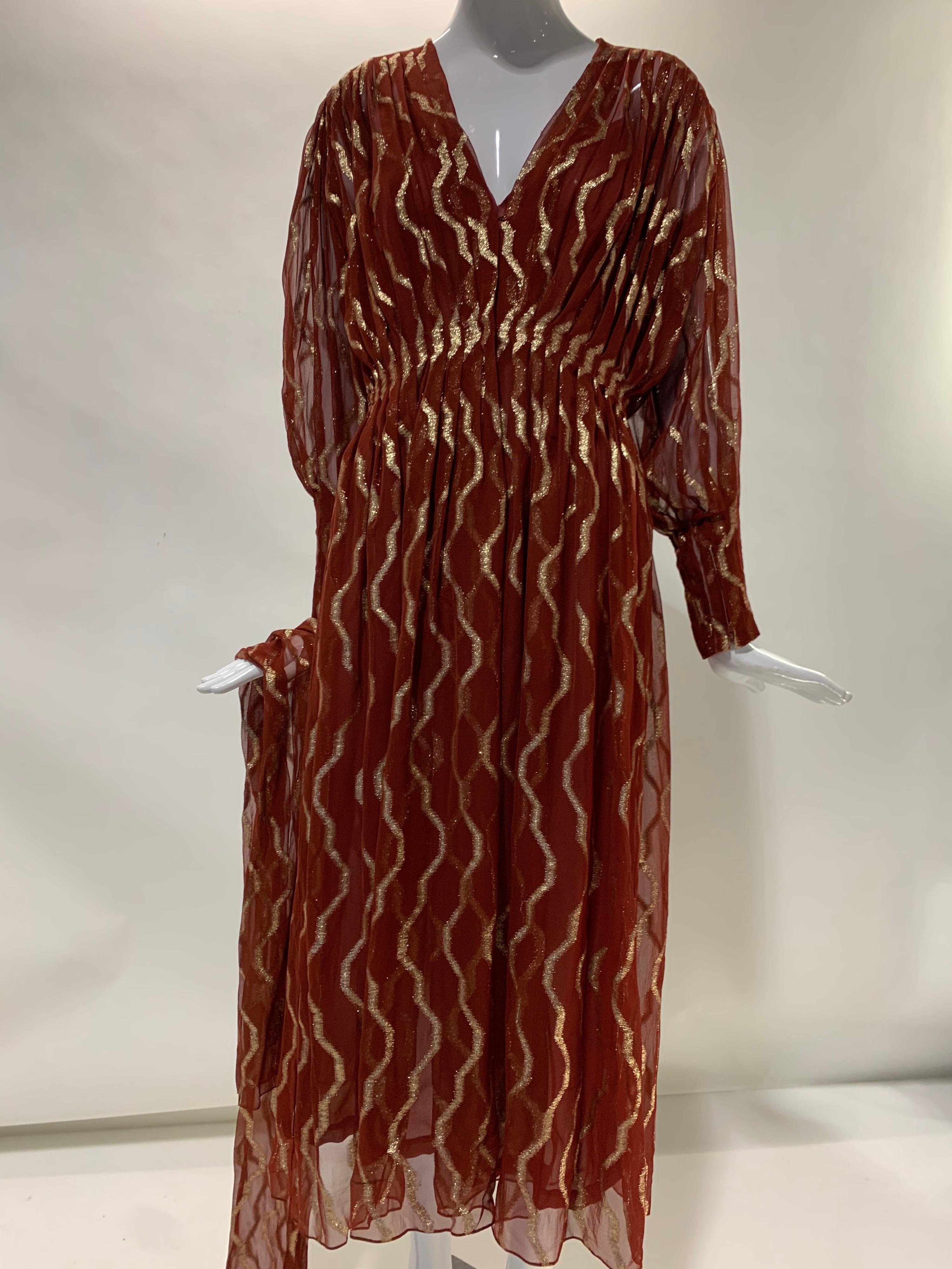 1980 Pauline Trigere Carnelian Silk Chiffon Lame Pleated Dress w/ Matching Sash For Sale 7