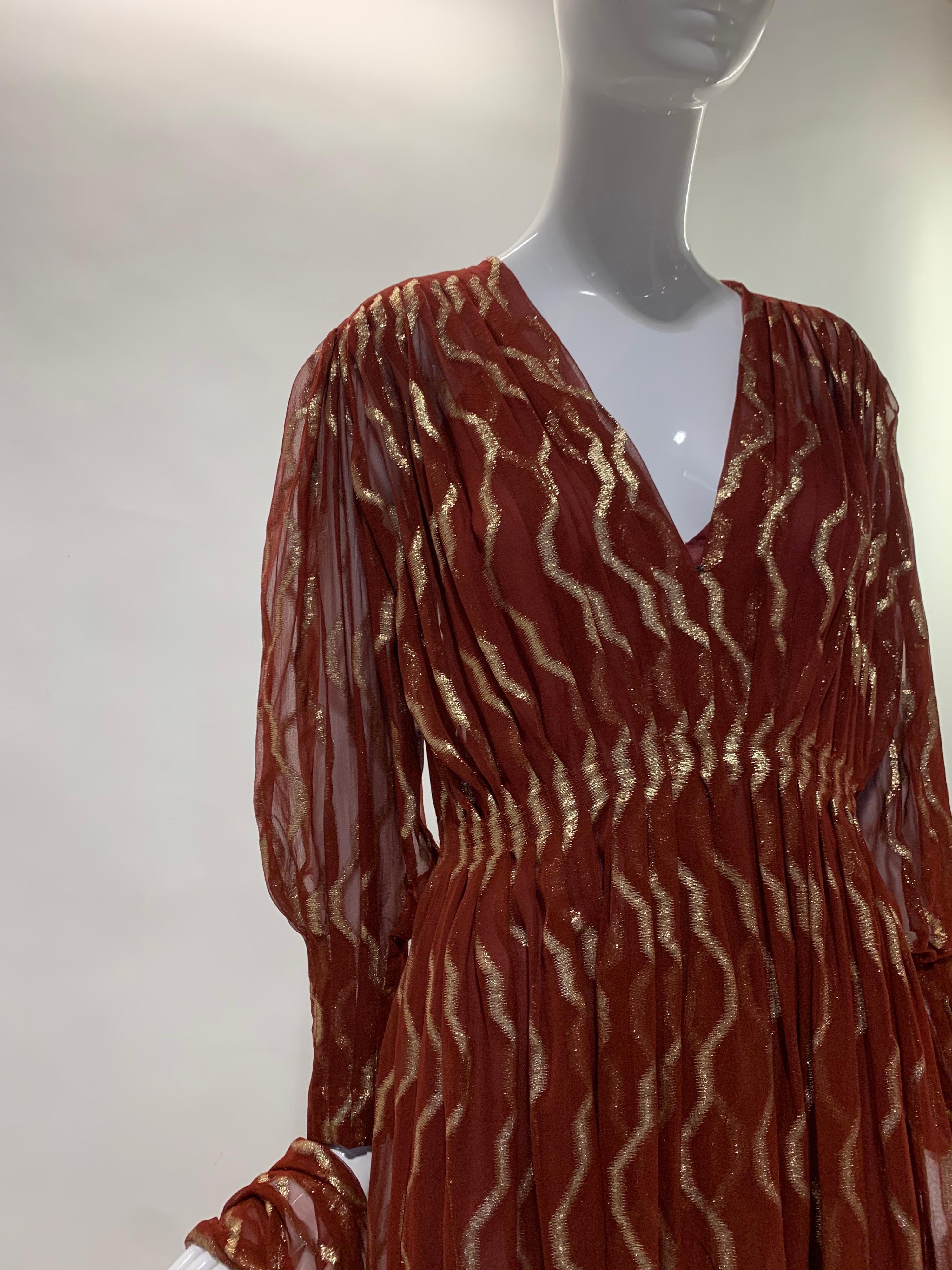 1980 Pauline Trigere Carnelian Silk Chiffon Lame Pleated Dress w/ Matching Sash For Sale 8
