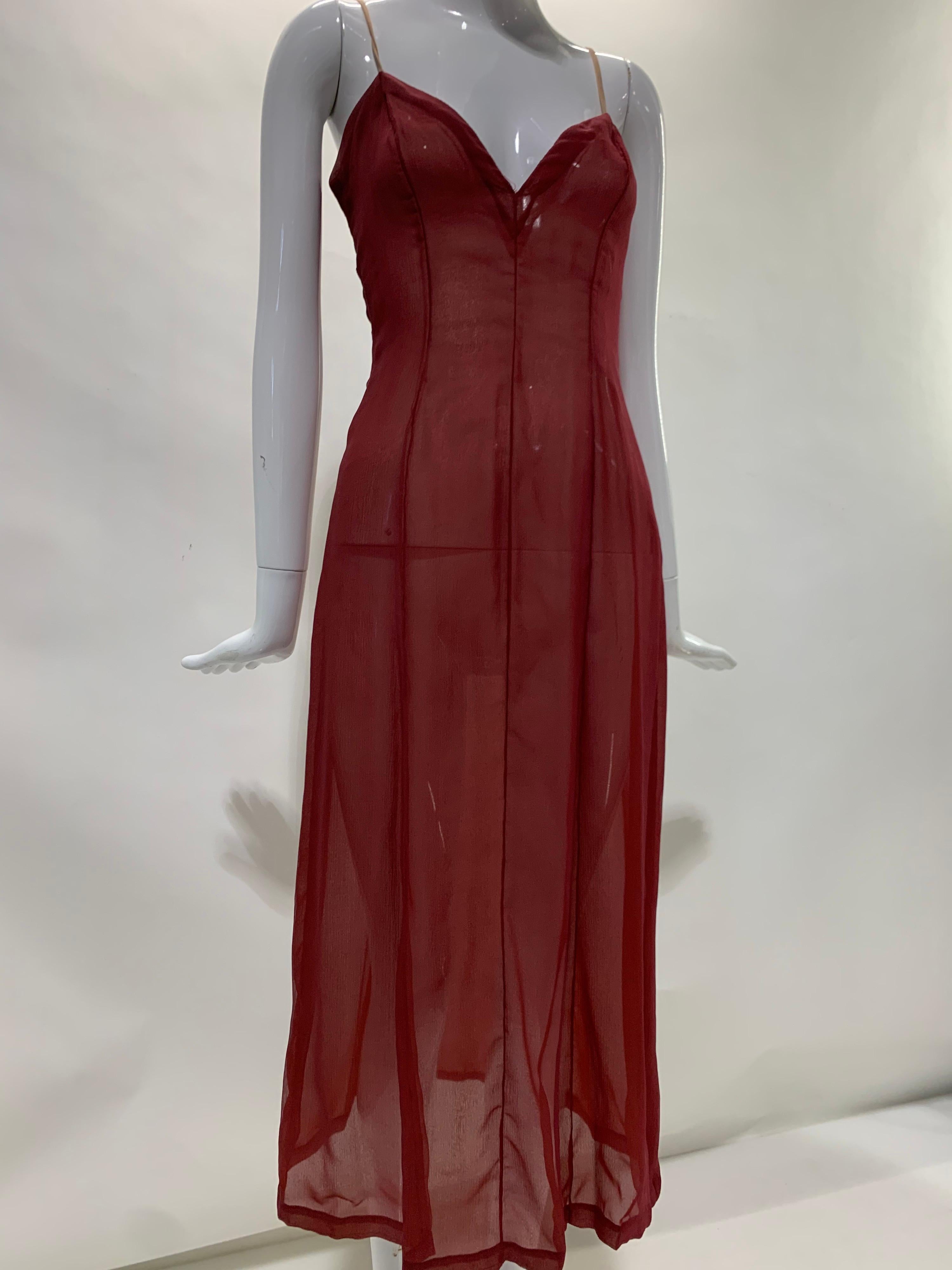 1980 Pauline Trigere Carnelian Silk Chiffon Lame Pleated Dress w/ Matching Sash For Sale 10