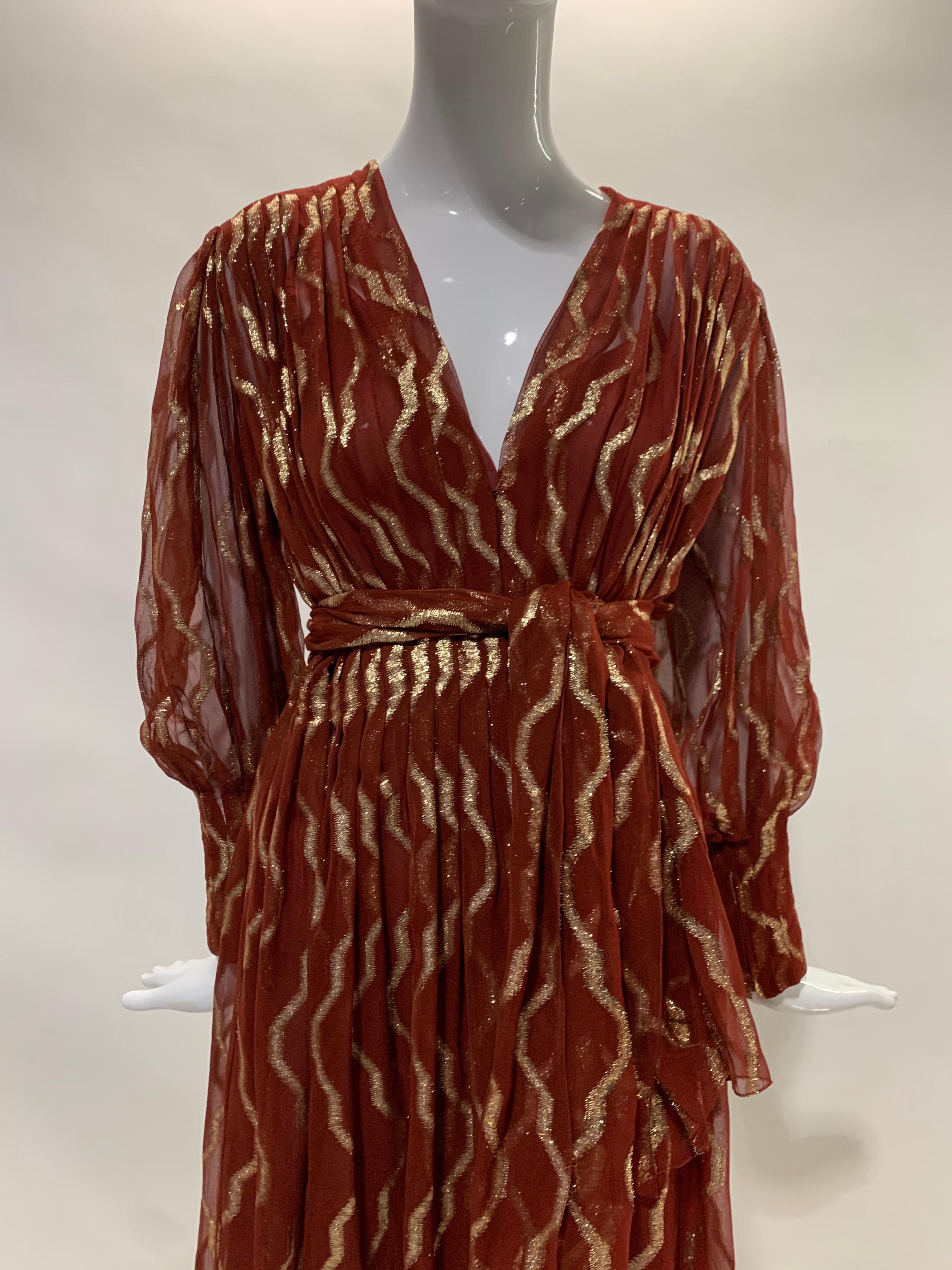 Brown 1980 Pauline Trigere Carnelian Silk Chiffon Lame Pleated Dress w/ Matching Sash For Sale