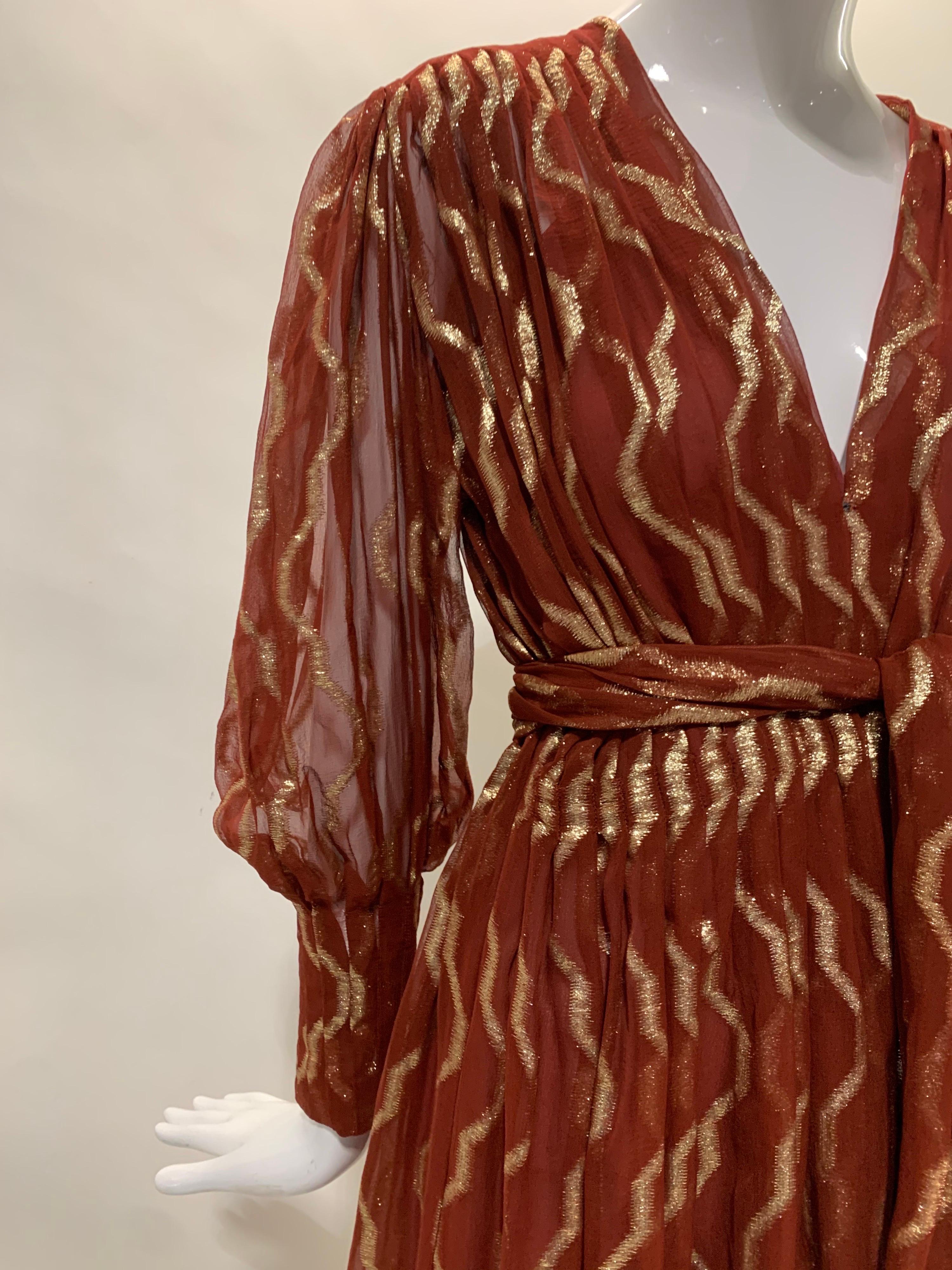 1980 Pauline Trigere Carnelian Silk Chiffon Lame Pleated Dress w/ Matching Sash For Sale 1