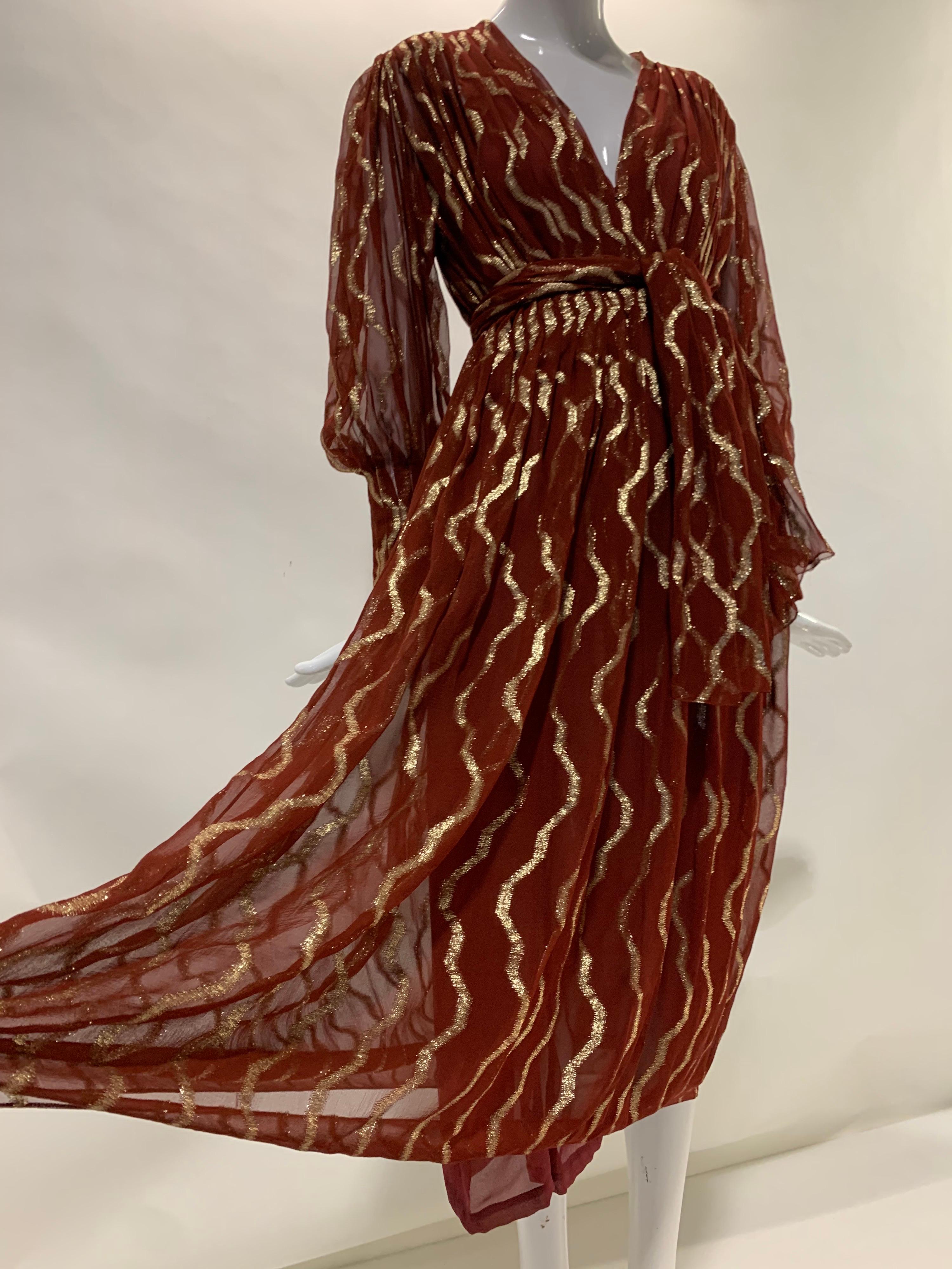 1980 Pauline Trigere Carnelian Silk Chiffon Lame Pleated Dress w/ Matching Sash For Sale 2