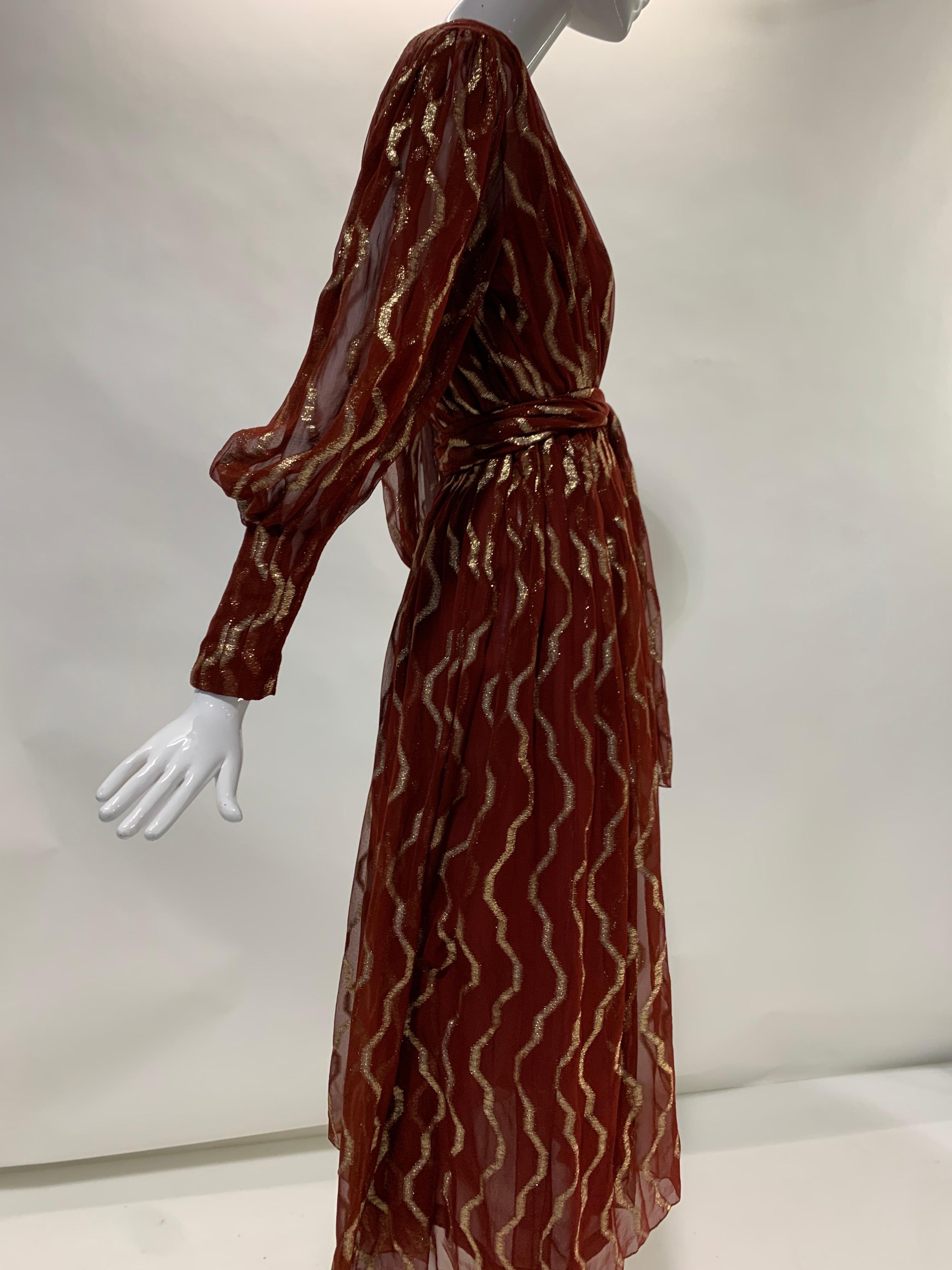 1980 Pauline Trigere Carnelian Silk Chiffon Lame Pleated Dress w/ Matching Sash For Sale 3