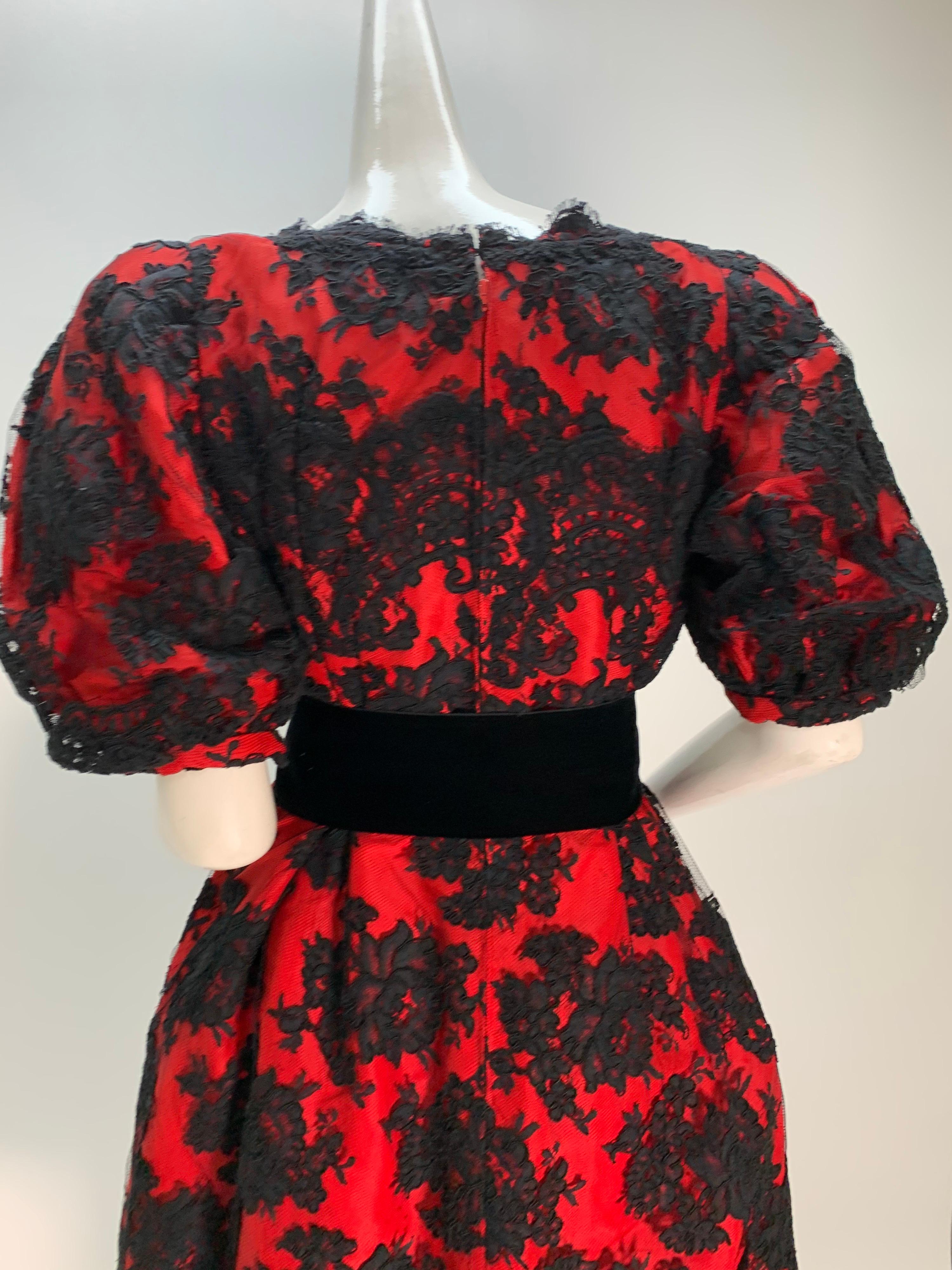 1980 Pauline Trigere Red Silk Taffeta & Black Lace Overlay Cocktail Dress  For Sale 3