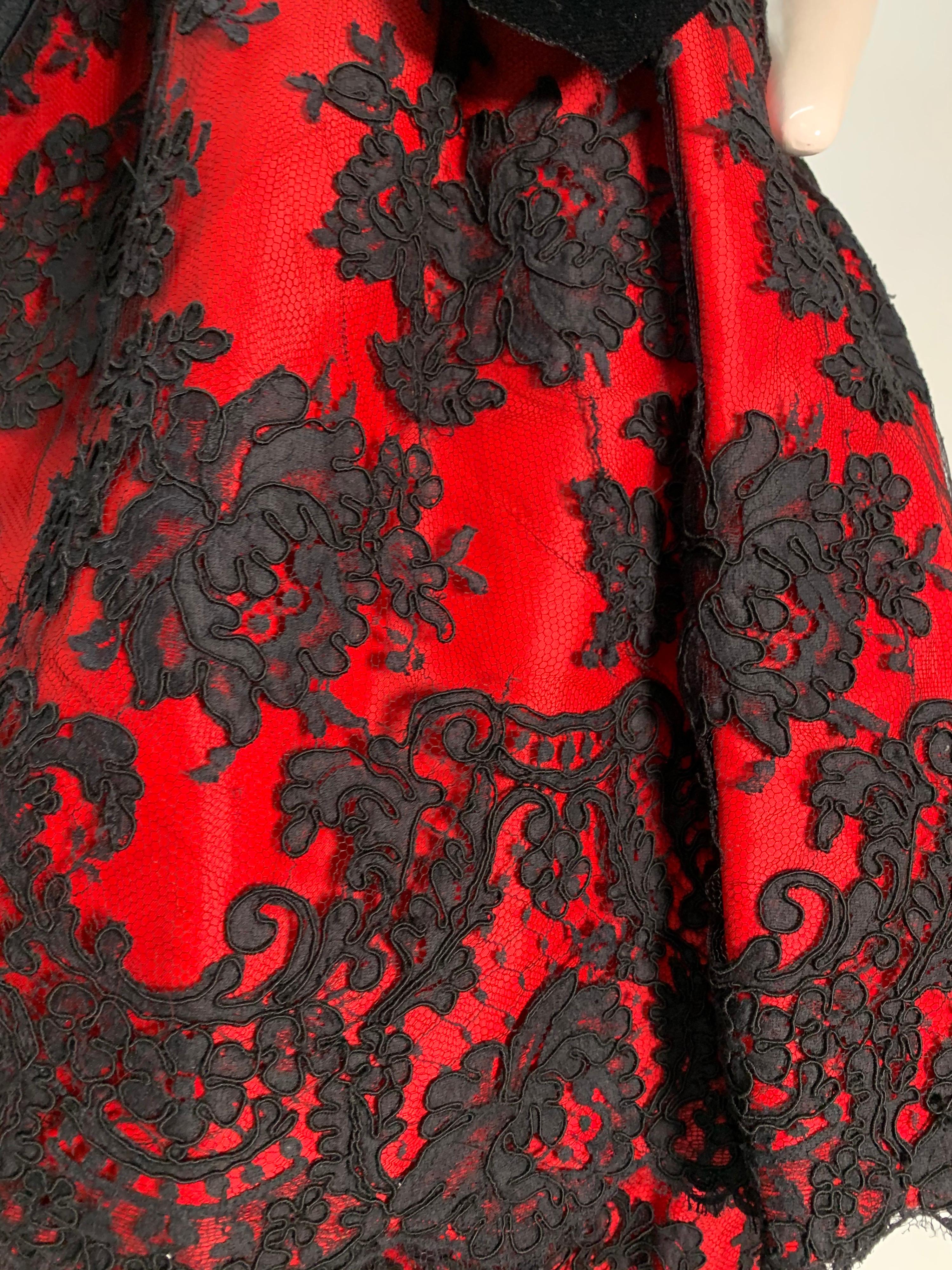 1980 Pauline Trigere Red Silk Taffeta & Black Lace Overlay Cocktail Dress  For Sale 5