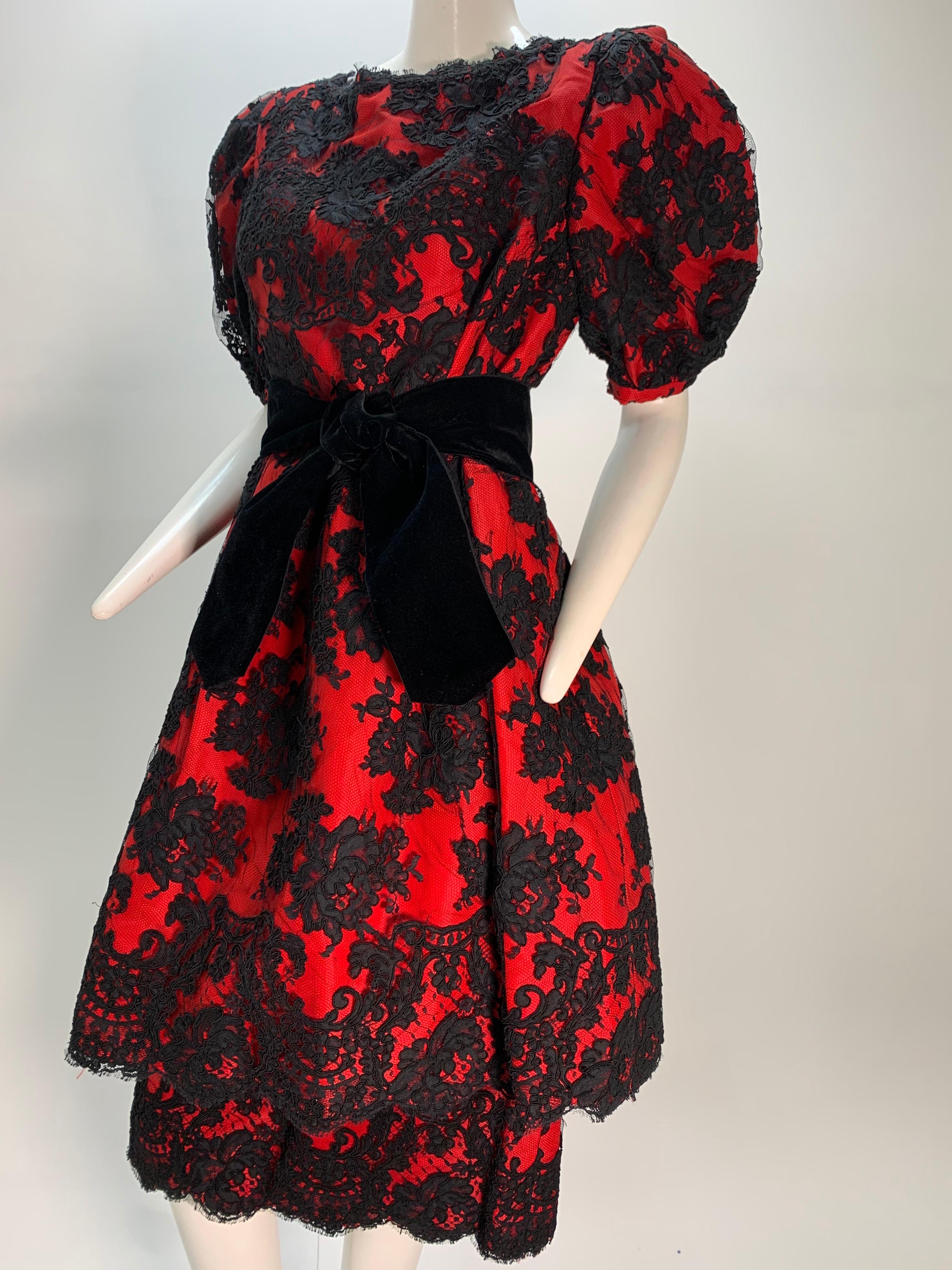1980 Pauline Trigere Red Silk Taffeta & Black Lace Overlay Cocktail Dress  For Sale 7
