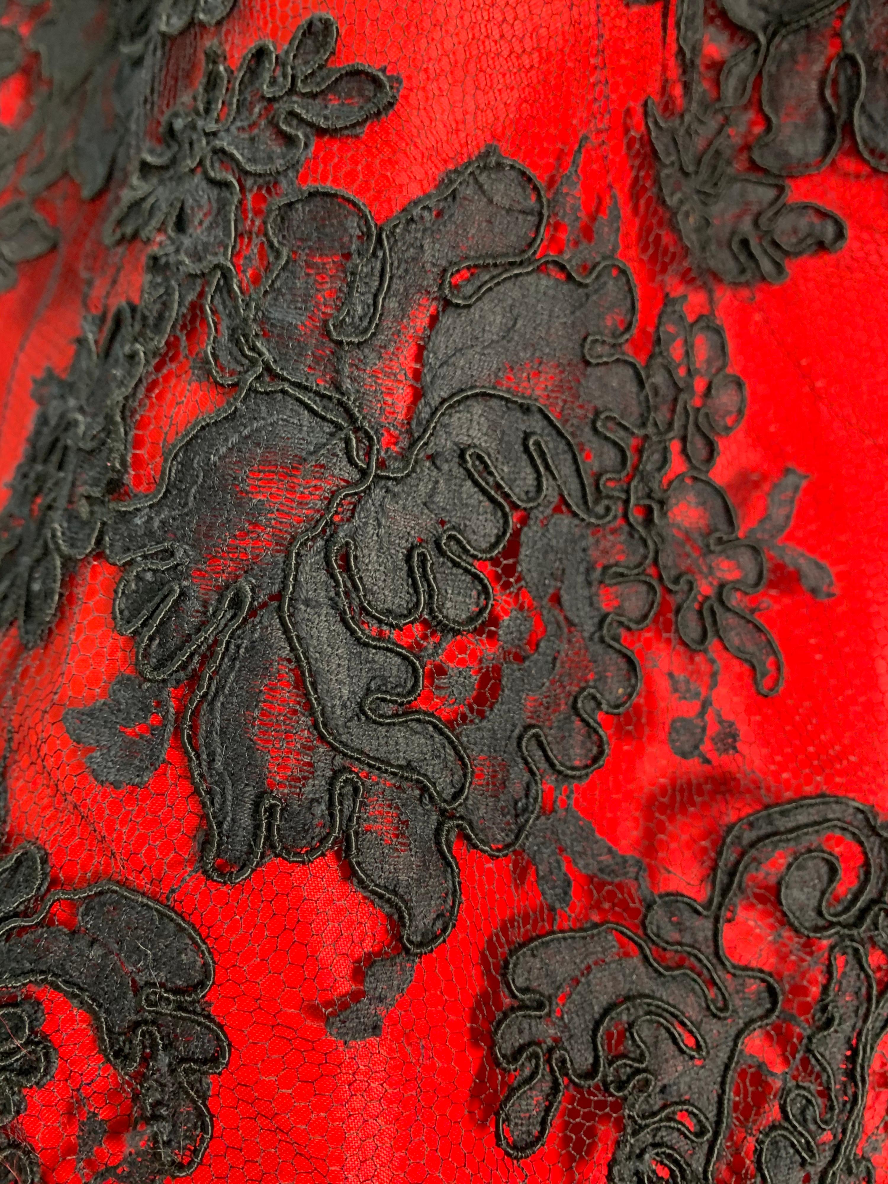 1980 Pauline Trigere Red Silk Taffeta & Black Lace Overlay Cocktail Dress  For Sale 8