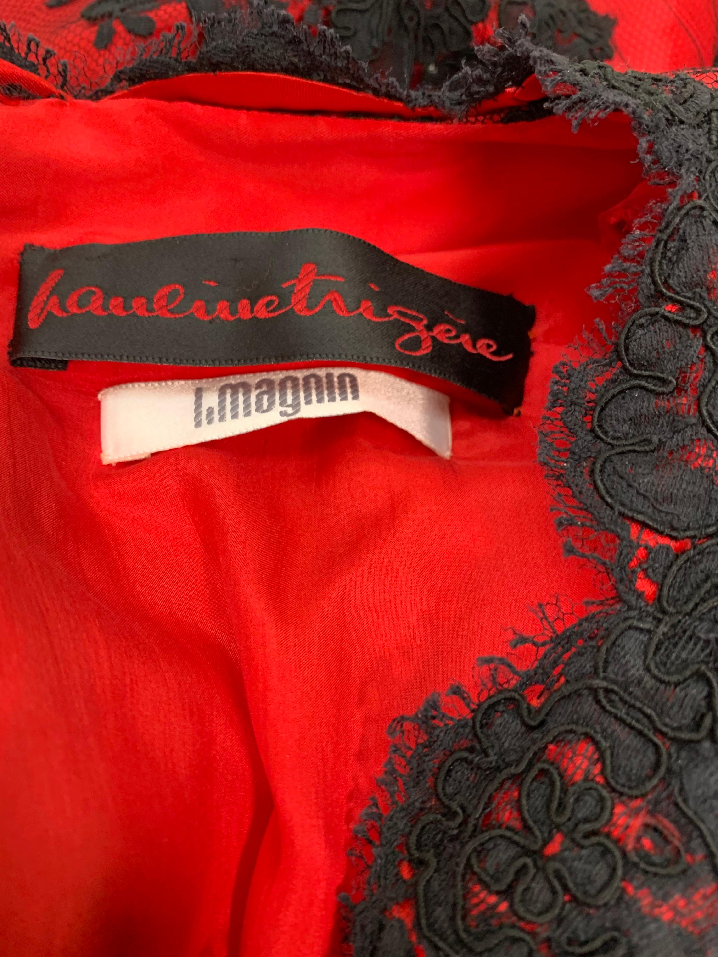 1980 Pauline Trigere Red Silk Taffeta & Black Lace Overlay Cocktail Dress  For Sale 12