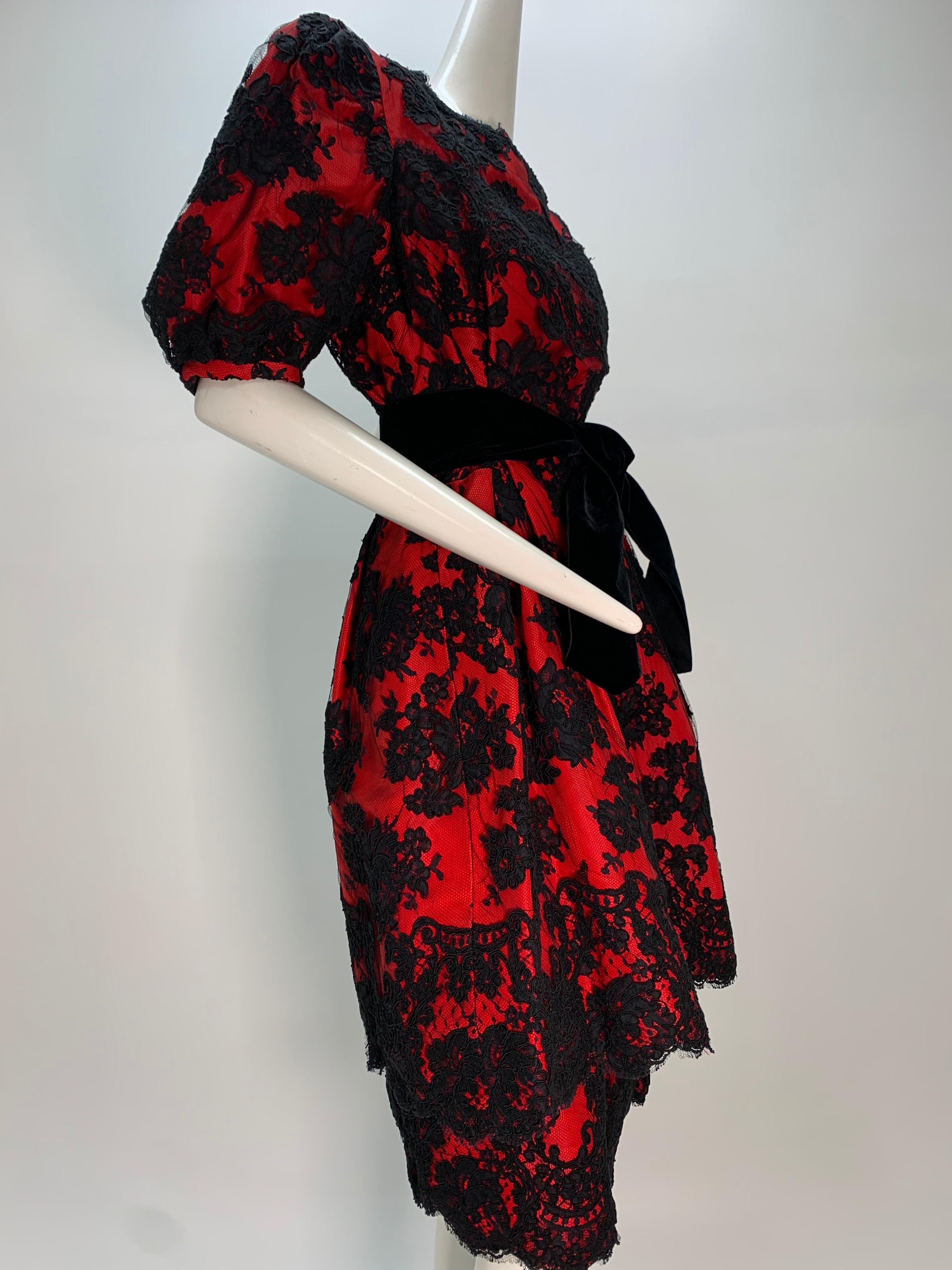 Women's 1980 Pauline Trigere Red Silk Taffeta & Black Lace Overlay Cocktail Dress  For Sale