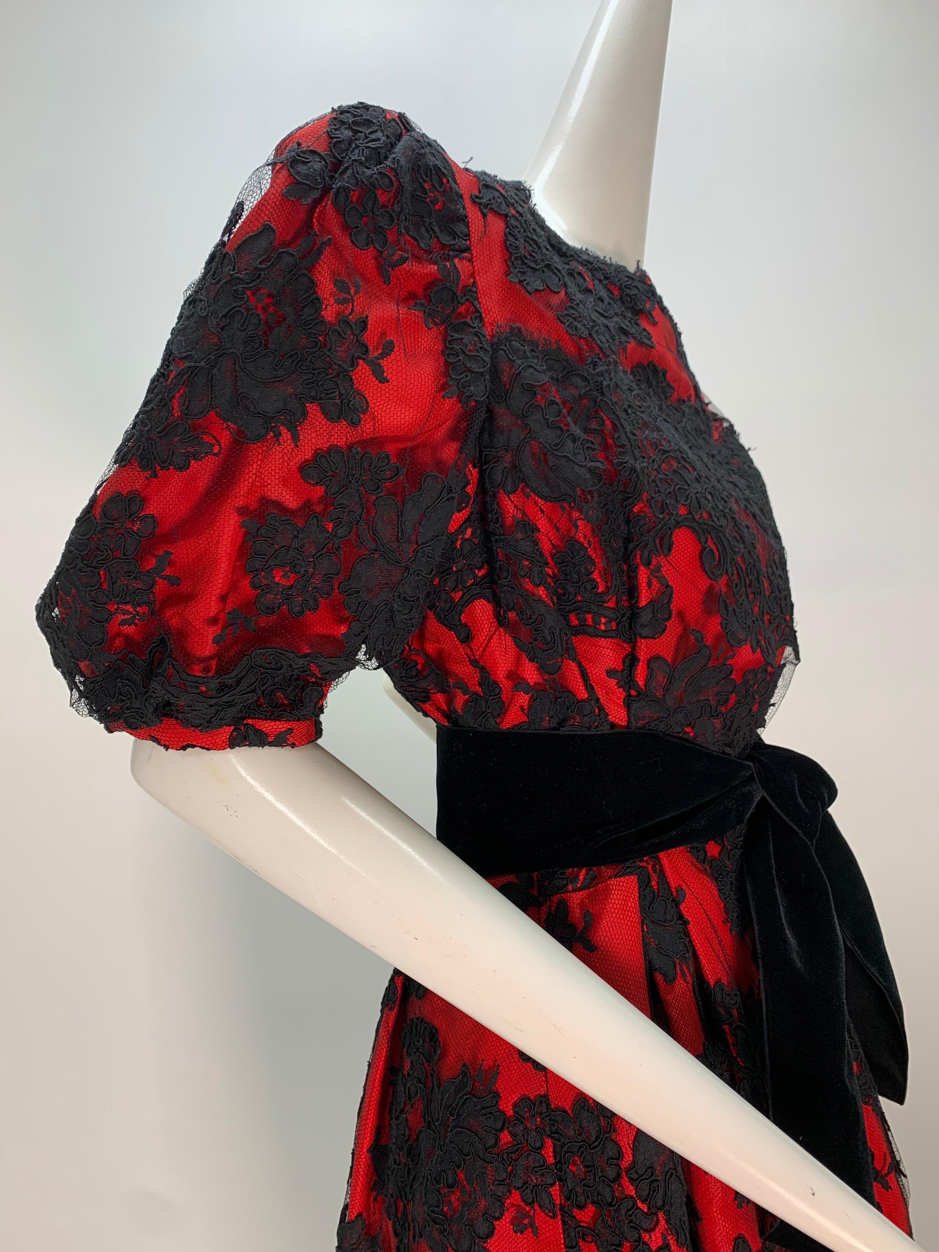 1980 Pauline Trigere Red Silk Taffeta & Black Lace Overlay Cocktail Dress  For Sale 1
